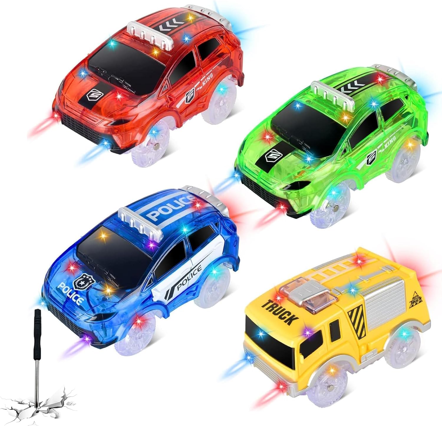 Tracks Cars Only Replacement, Flex Track Race Cars Glow in the Dark with 5 Flashing LED Lights