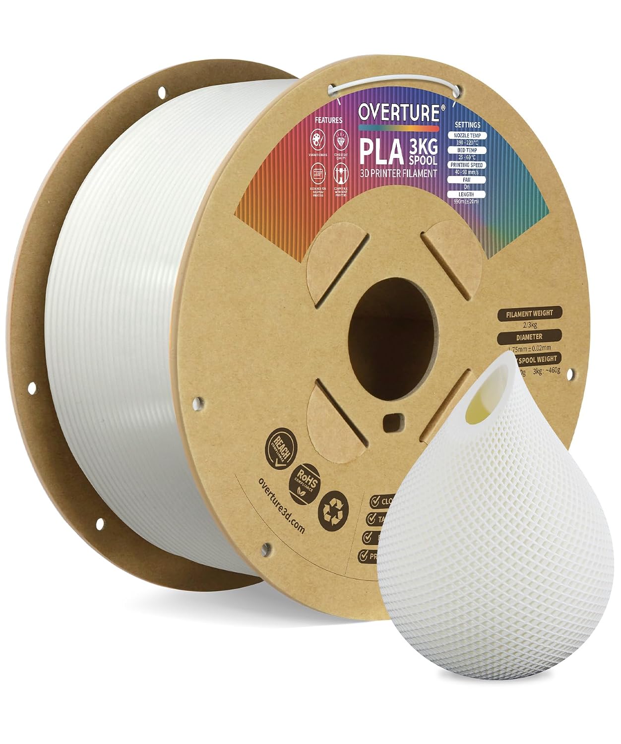 OVERTURE High Speed PLA Filament 1.75mm 3D Printer Filament,1kg White