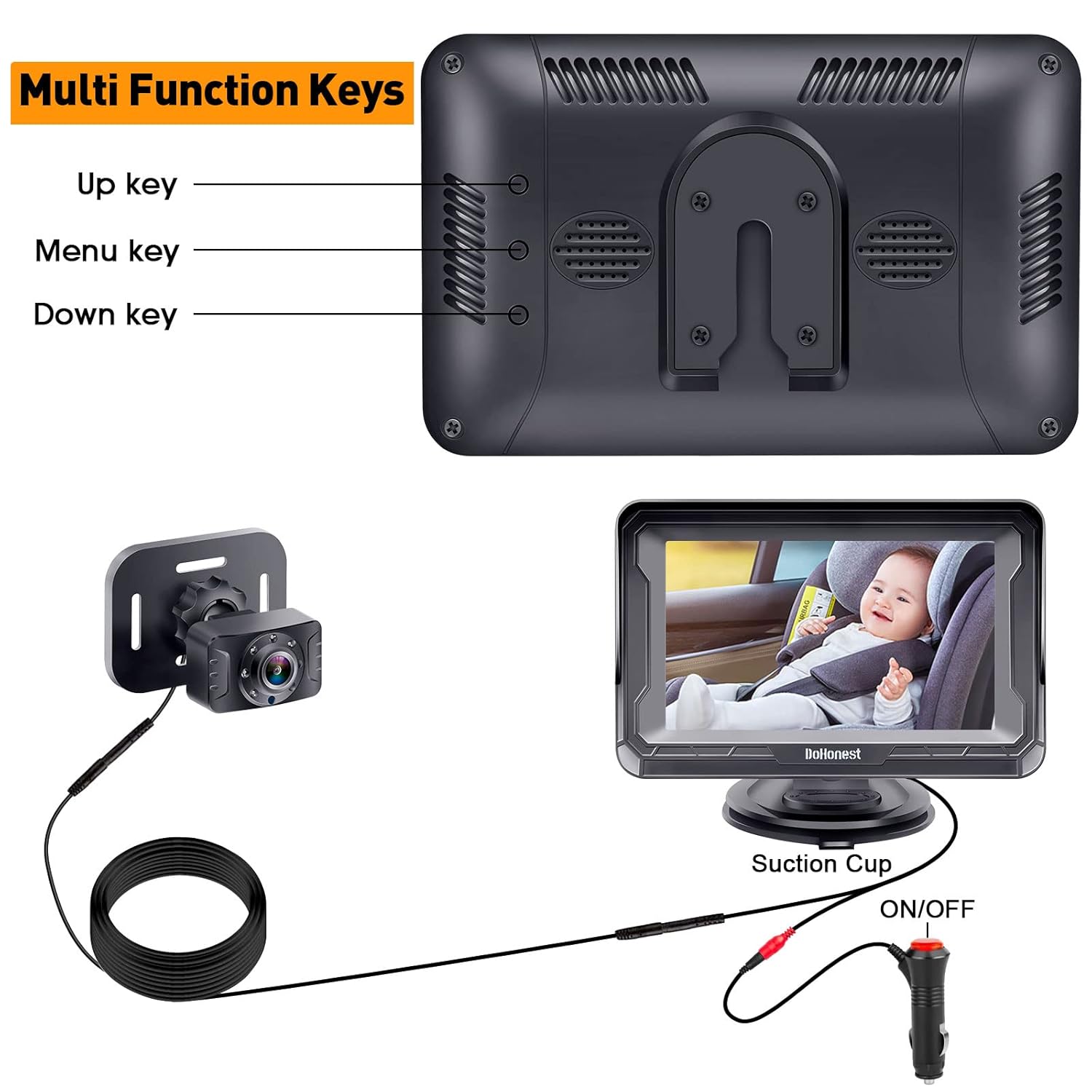 DoHonest Baby Car Camera HD 1080P - Rear-Facing Car Baby Monitor with Night Vision, Adjustable View Angle, Easy Setup, Anti-Glare Display