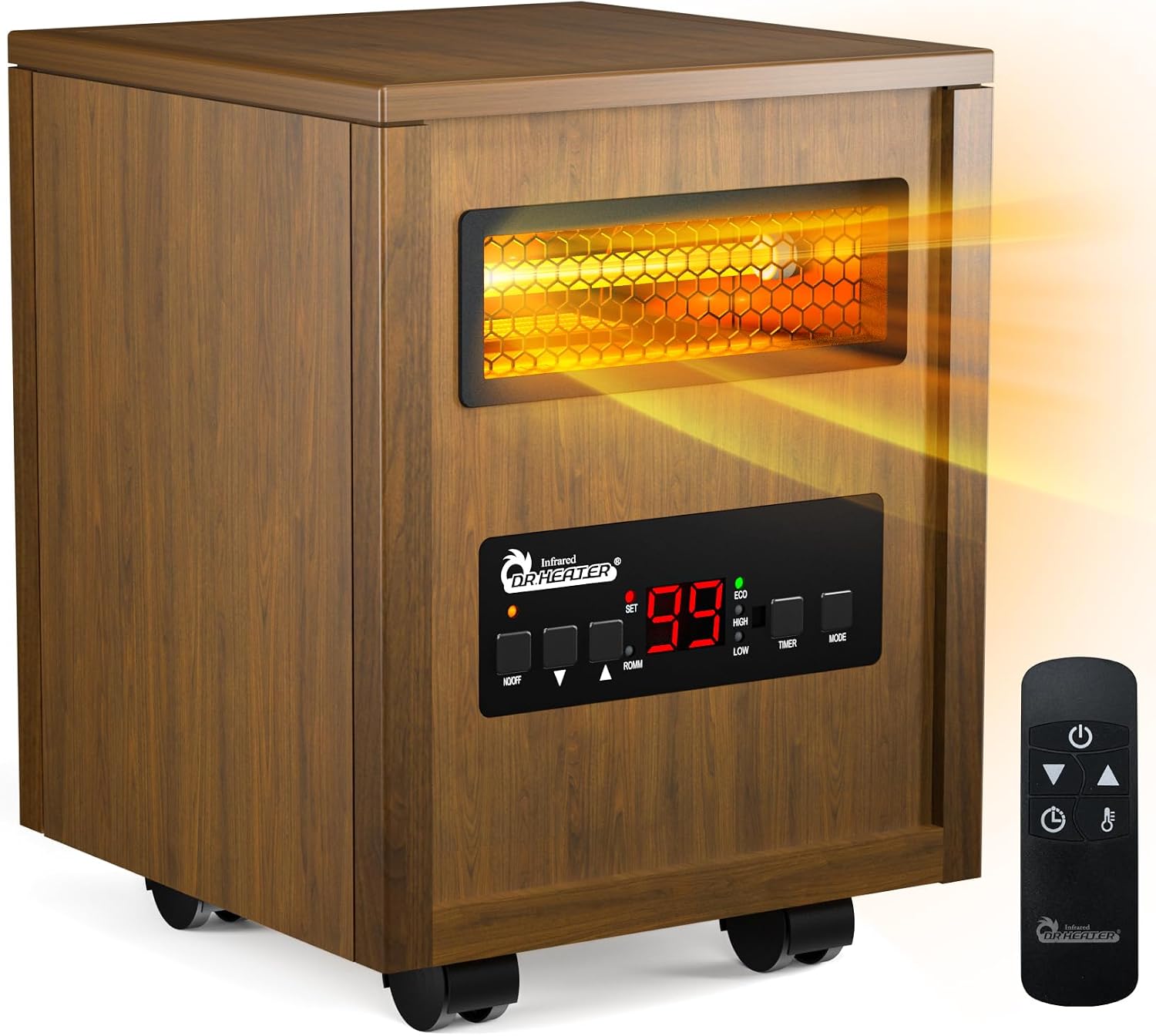 DR. INFRARED HEATER DR-998, 1500W Dual Heating Infrared Space Heater with Humidifier, Oscillation, Remote Control, Thermostat & Safety Protection, Portable with Wheels, Energy Efficient, Cherry