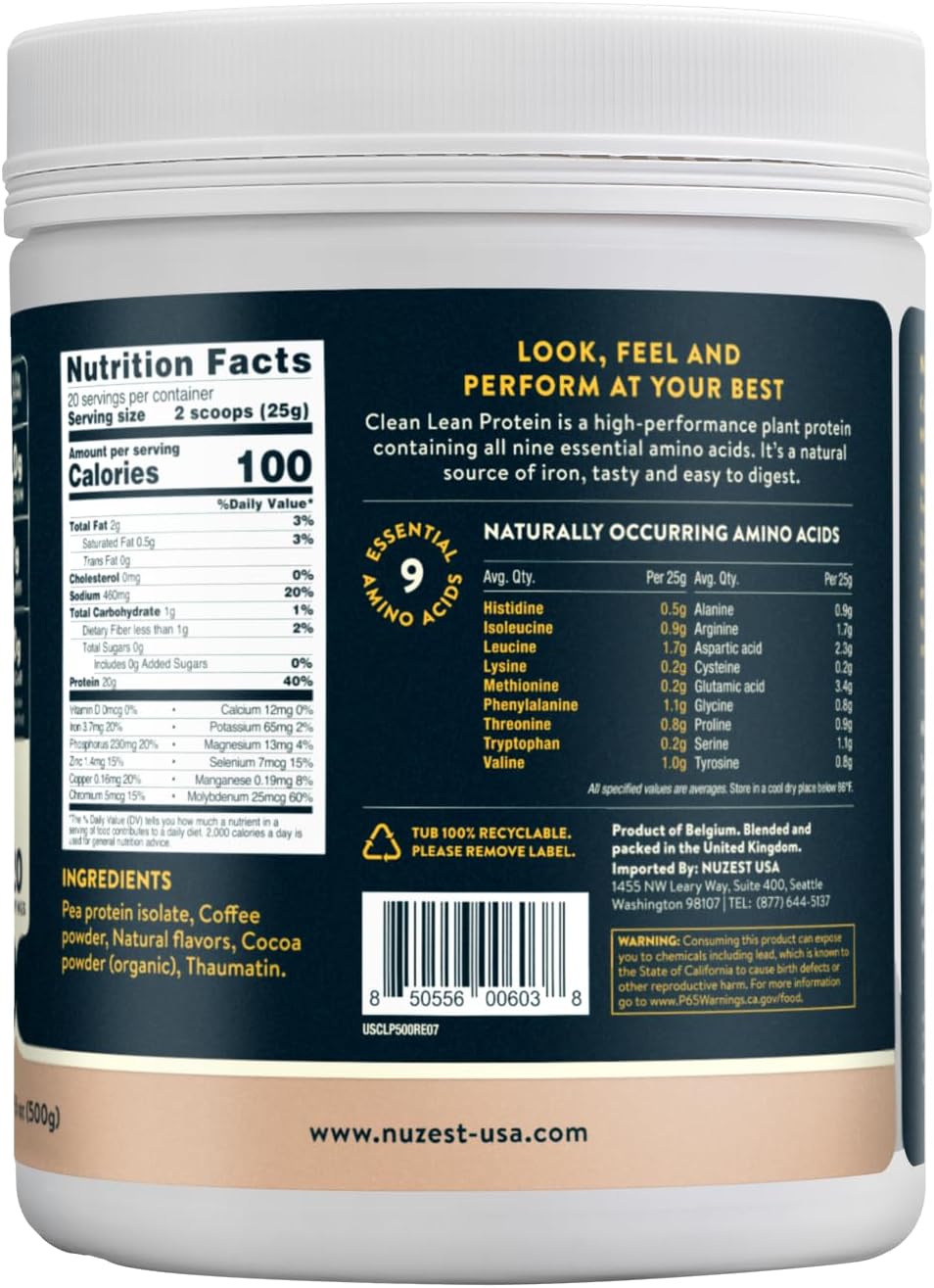Nuzest Clean Lean Protein - Vegan Pea Protein Powder Rich Chocolate 1.1 lb | 20 Servings with 18g Protein Plant Based Protein Powder, Only 4 Ingredients, Dairy Free, Gluten Free, GMO Free, Protein Shake