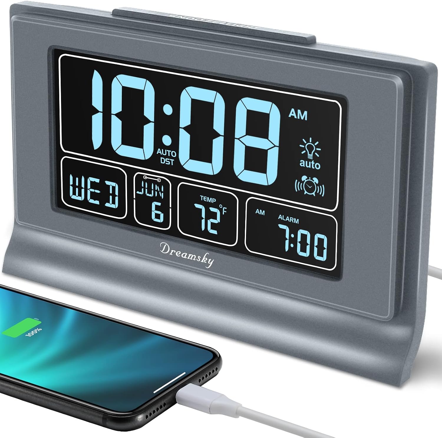 DreamSky Alarm Clocks for Bedrooms with Battery Backup, Auto Set | Digital Clock with Date & Day of Week, 5 Inch Large Display, Weekday, Temperature, USB Port, Auto DST, Brightness Dimmer