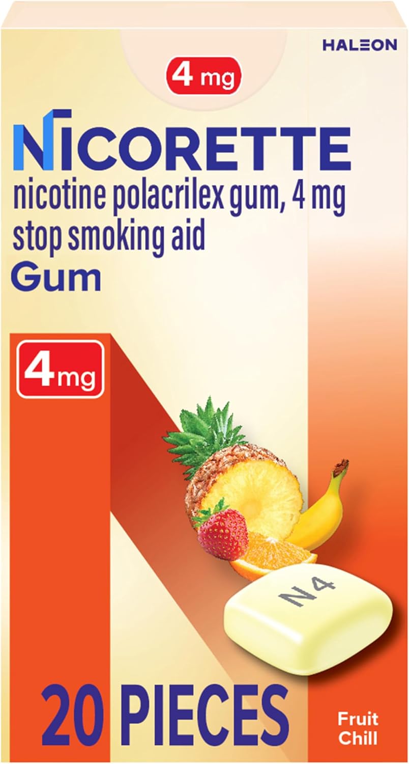 Nicorette Nicotine Gum 4mg, Quit Smoking Aid, Fruit Chill Flavor, 20 Count | Reduces Nicotine Cravings and Withdrawal Symptoms, Intense Craving Relief, Portable Smoking Cessation Gum