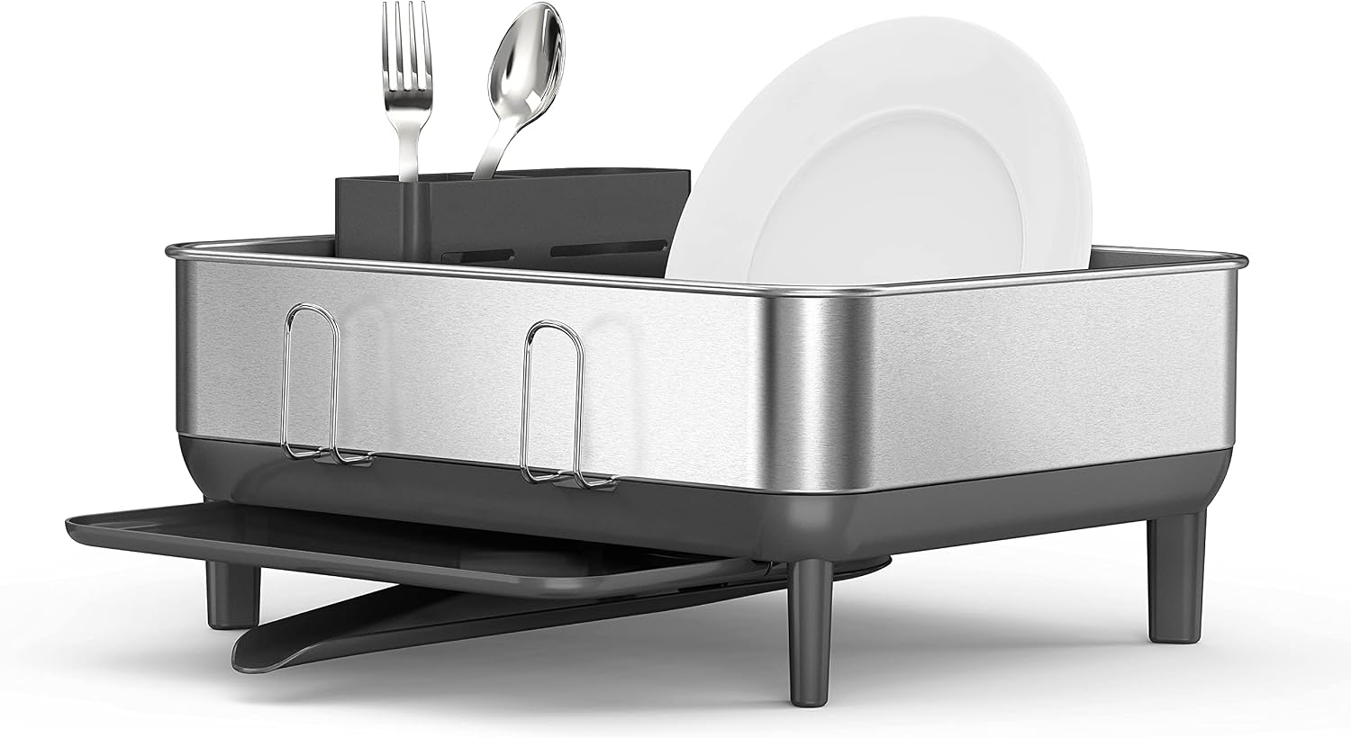 simplehuman Steel Frame Dishrack, Large Capacity Dish Drying Rack, 360º Easy Drain Swivel Spout, Utensil & Wine Glass Holder, Anti-Residue Coating