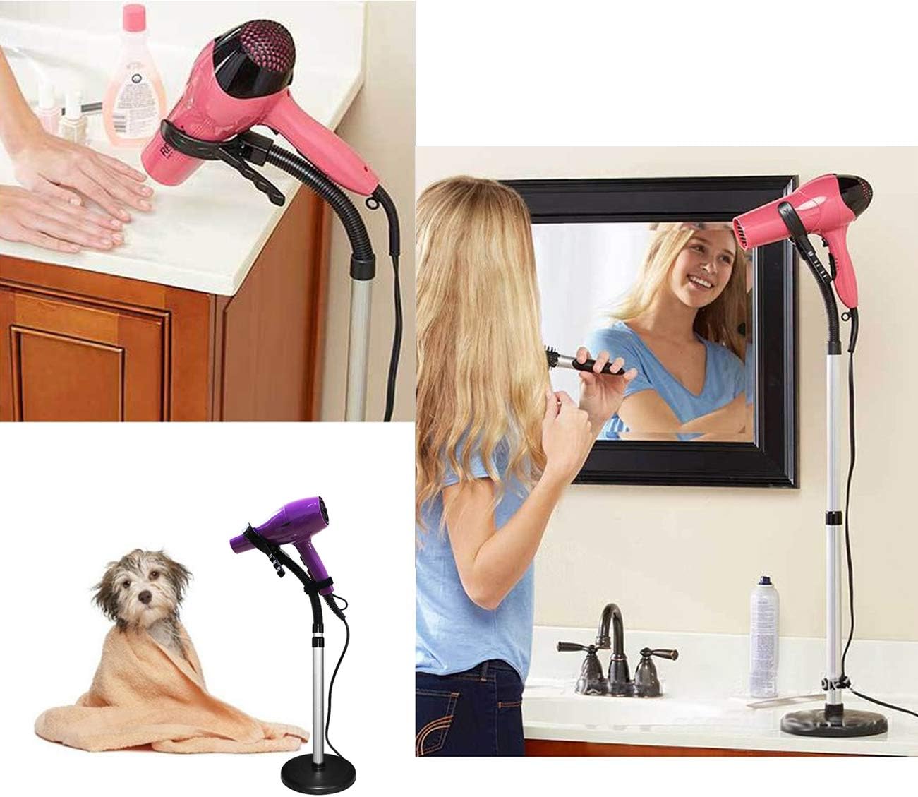 Hair Dryer Stand, 360 Degree Rotating Lazy Hair Dryer Stand Hand Free With Heavy Base, Hands-Free Blow Dryer Holder Countertop