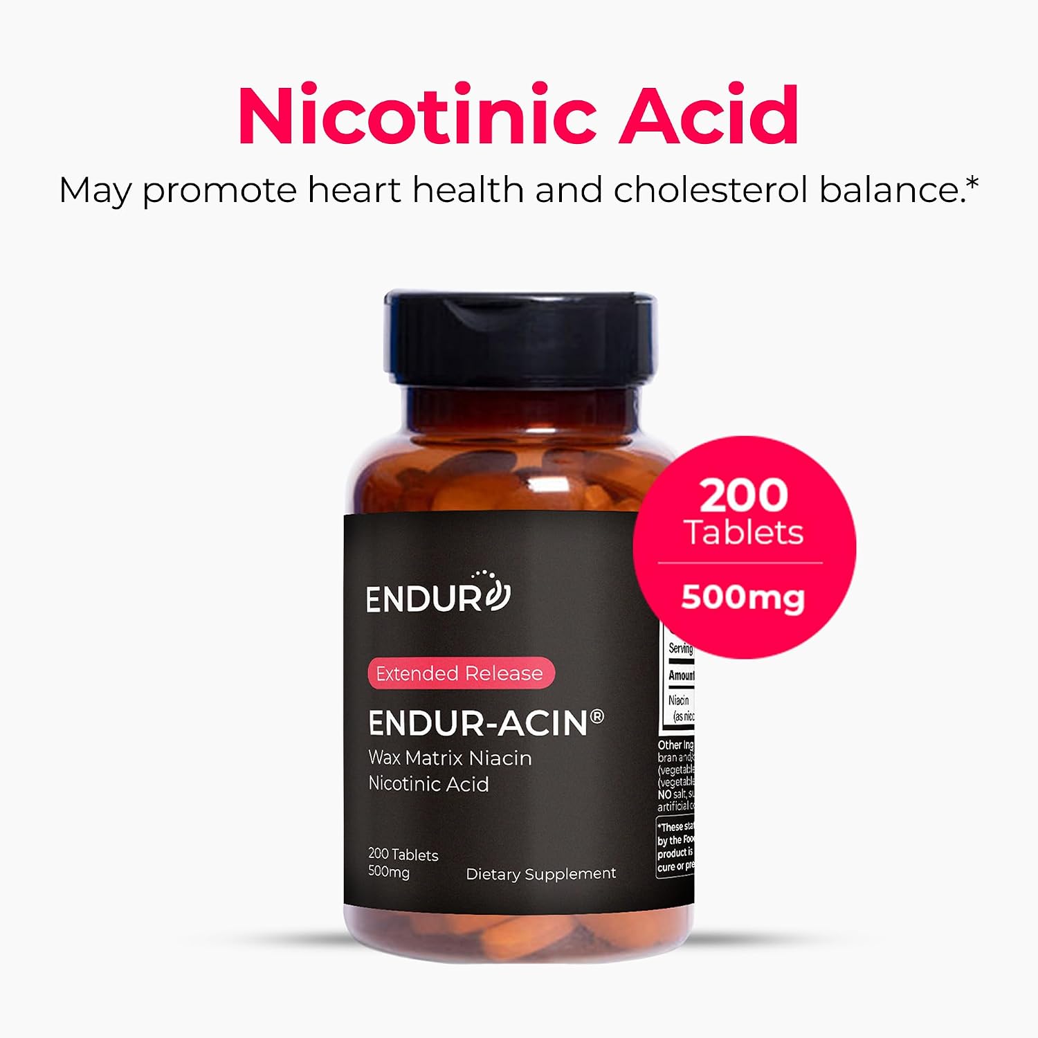 ENDUR-ACIN - Niacin B3 - ER (Extended Release) 500 mg (200 ct) | Nicotinic Acid Formula Supporting Healthy Heart & Cholesterol Balance with