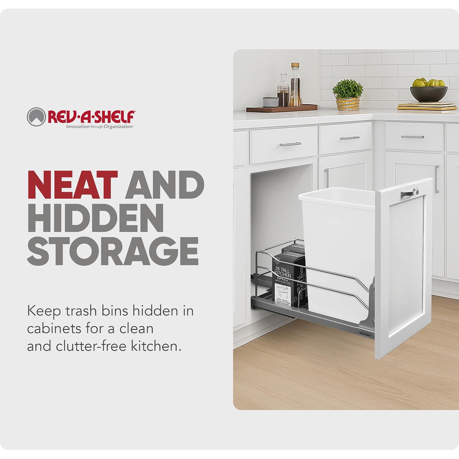 Rev-A-Shelf 35 Qt Pull Out Trash Can with Soft Close for Under Kitchen Cabinets, Min Opening Width of 11.5", Metallic Silver, 53WC-1535SCDM-117