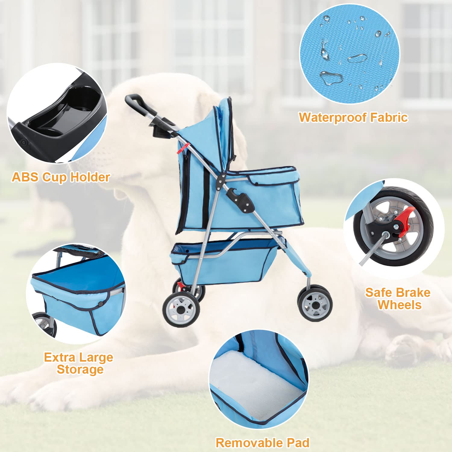 BestPet | 4-Wheel Foldable Pet Stroller | Black | Lightweight & Portable | Travel Carrier with Mesh Windows, Storage Basket, Cup Holder, Safety Brakes, and Waterproof Fabric | For Small Dogs and Cats