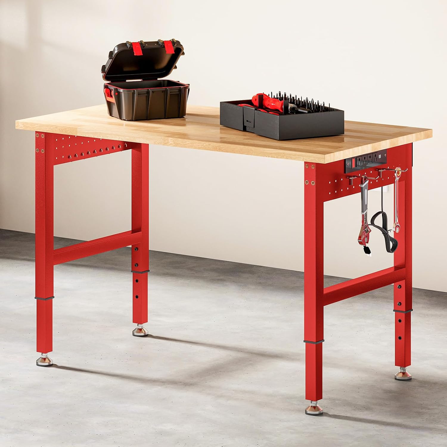SPECRAFT Adjustable Black Heavy-Duty Workbench | 2000 Lbs Capacity, Rubber Wood Top, 4 AC Outlets and 2 USB Ports, for Garage, Workshop and Office