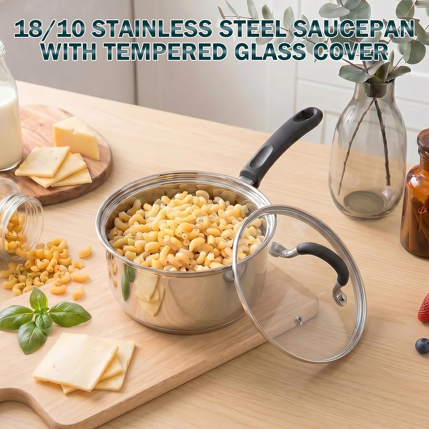 Cook N Home Professional 2 Quart Stainless Steel Saucepan with Lid, Small Kitchen Induction Cooking Sauce Pot Pan, Stay-Cool Silicone Handle, Dishwasher Safe