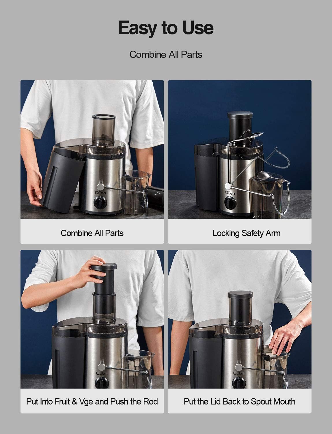 QCen Juicer Machine 500W Centrifugal Juicer with Extra Wide Feed Chute