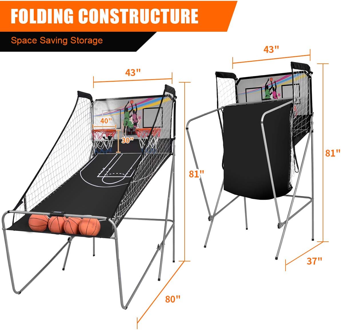 GYMAX Arcade Basketball Game Indoor Foldable with 8 Game Modes, Arcade Sound, 4 Balls and Inflation Pump, Electronic Basketball Games for All Ages Home