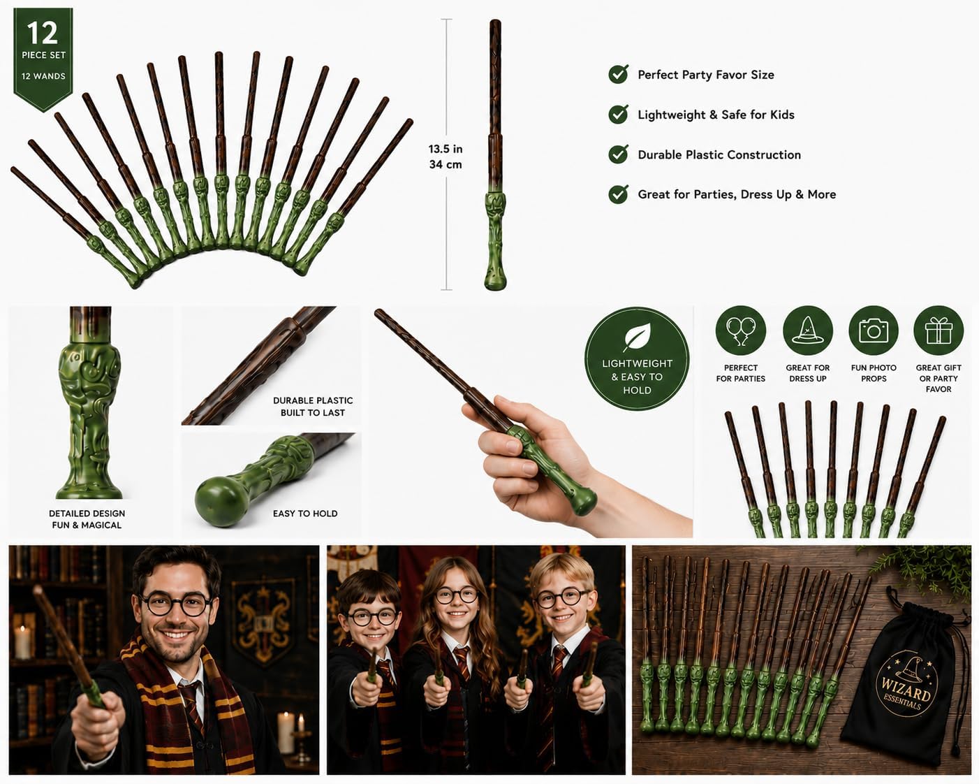 12 Pack Wizard Wands – Plastic Costume Accessories for Magic-Themed Parties, Dress Up, Halloween & Cosplay, Birthday Parties, Party Favors, Goodie Bags, Photo Props