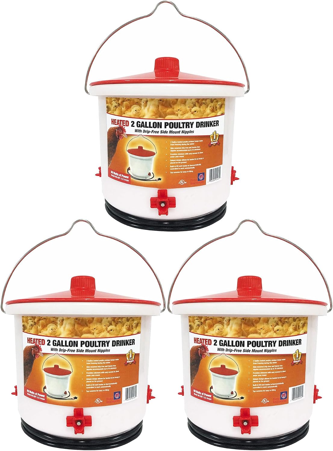 Farm Innovators HB-60P Thermostatically Controlled Heated 2 Gallon Plastic Outdoor Year Round Poultry Chicken Water Bucket Drinker, White/Red | Thermostatically controlled to keep water from freezing, side mounted drip-free/freeze-free nipples for up to…