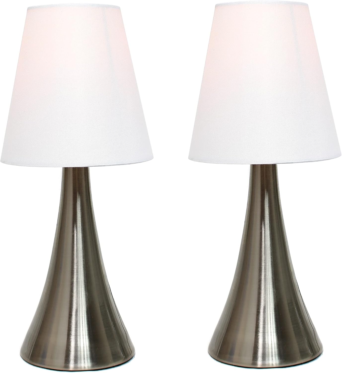 Simple Designs LT2014-WHT-2PK Valencia Brushed Nickel Mini Touch Table Lamps with Fabric Shades, White (Pack of 2)