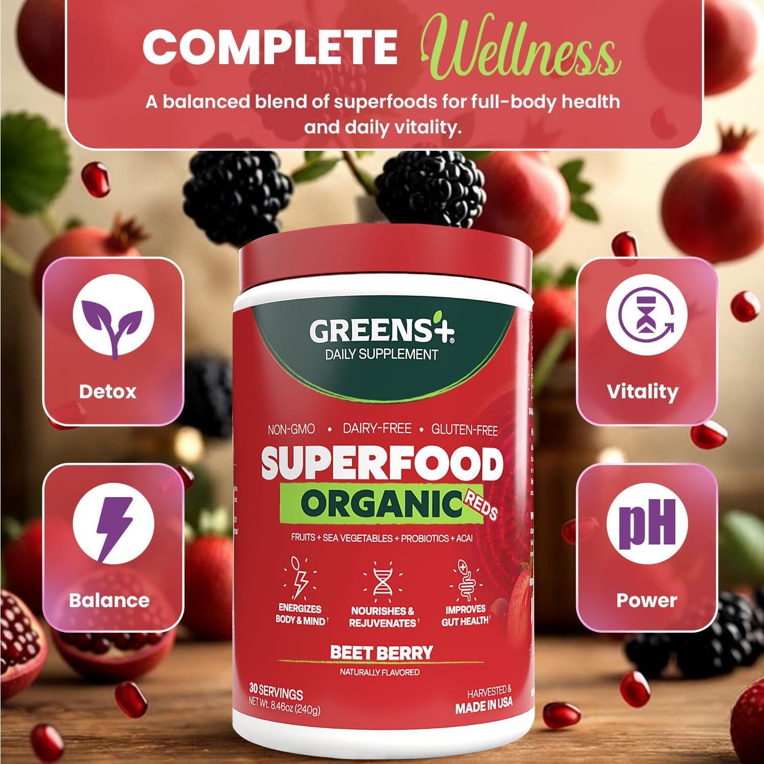 Greens+ Organic RAW Superfood Powder, Dietary Supplement | 8.46oz | Energy Boost | Super Blend Immune Support, Morning Kick, Nutrition Vibrant Health, Vegan, Soy Free | Dairy Free | Gluten Free
