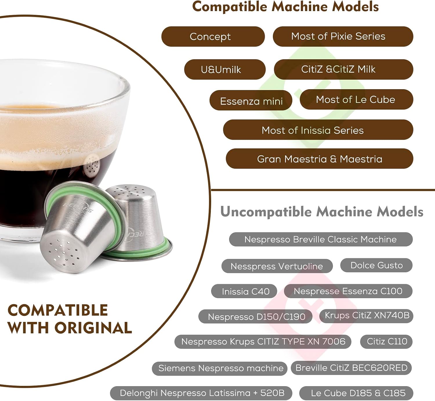 RECAPS Reusable Coffee Filter Capsules Compatible with Nespresso Original | Refillable Coffee Pods Permanent Coffee Filter Stainless Steel 120PCS