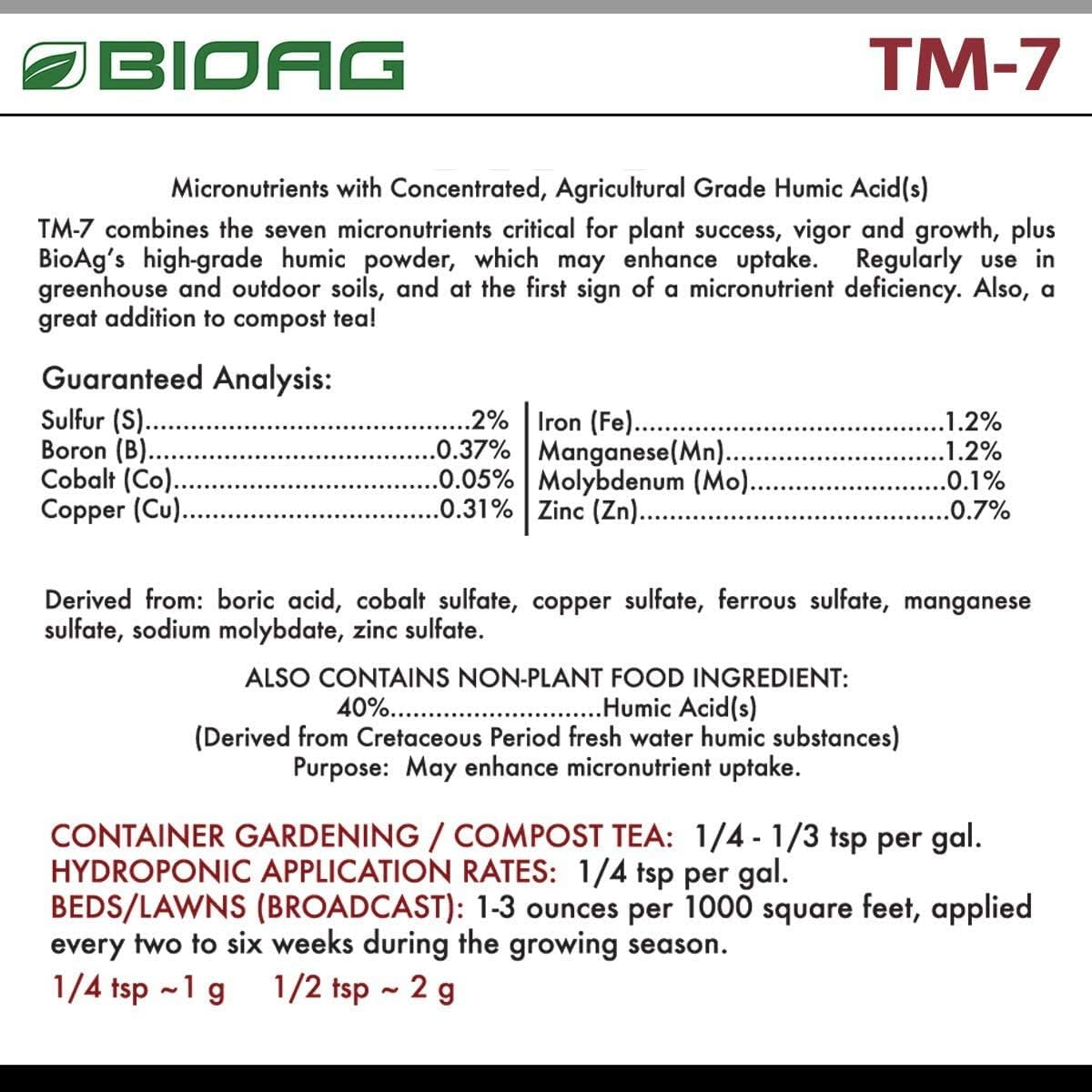 BioAg TM7 Organic Humic Acid Soil Conditioner Plus Essential Micronutrients, Dry Amendment for All Plants, S B Co Cu Fe Mn Mo Zn (300 Grams)