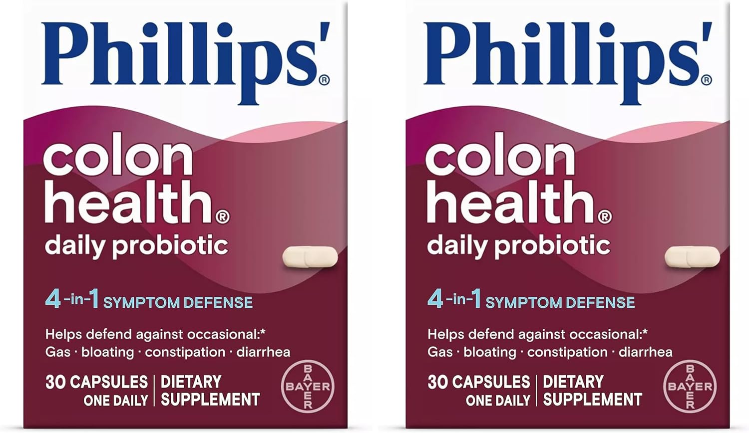 Phillips' Colon Health Daily Probiotic Capsules, 4-in-1 Symptom Defense to help defend against Occasional Gas, Bloating, Constipation, and Diarrhea, Daily Supplement, 30 Count