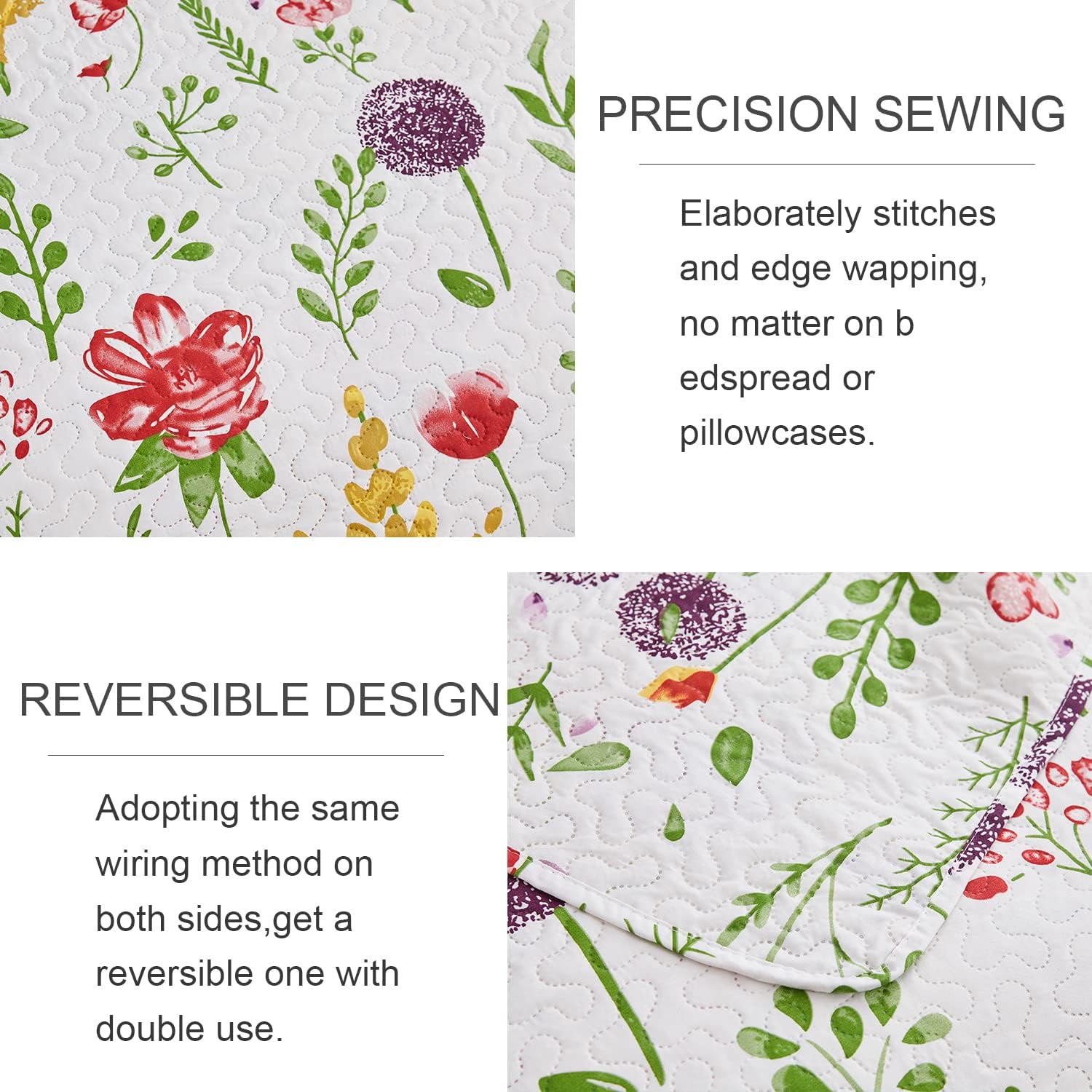 Ycosy Floral Quilt Set Full/Queen Size Reversible Flower Bedspread Queen Summer Lightweight Quilt Bedding Purple Floral Quilts Green Leaves Coverlet