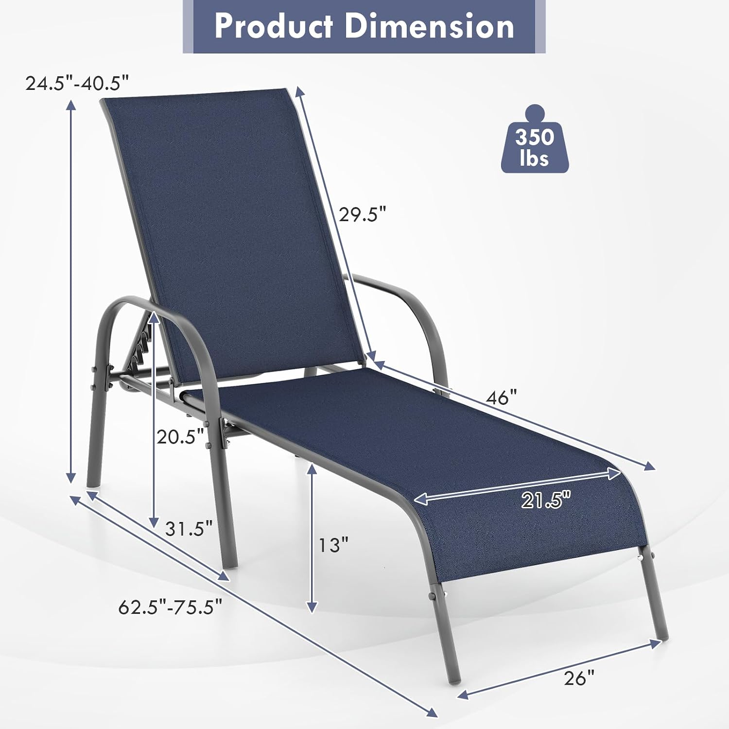 GIANTEX 2 Pack Patio Lounge Chair with 5 Adjustable Backrest, Black