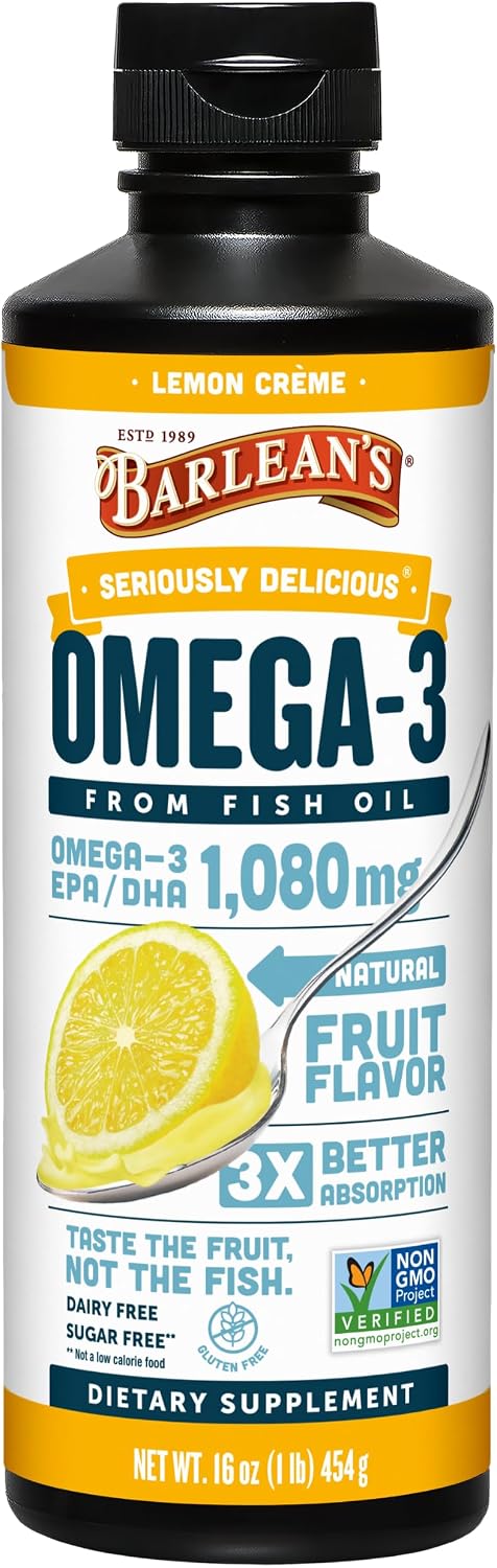 Barlean's Mango Peach Omega-3 Fish Oil, Vitamin D, 1080mg EPA & DHA, 8oz | Wild-caught fish oil plus vitamin D, EPA DHA omega-3, Burpless, Non-GMO, Gluten-free, Heart, brain, bone & immune