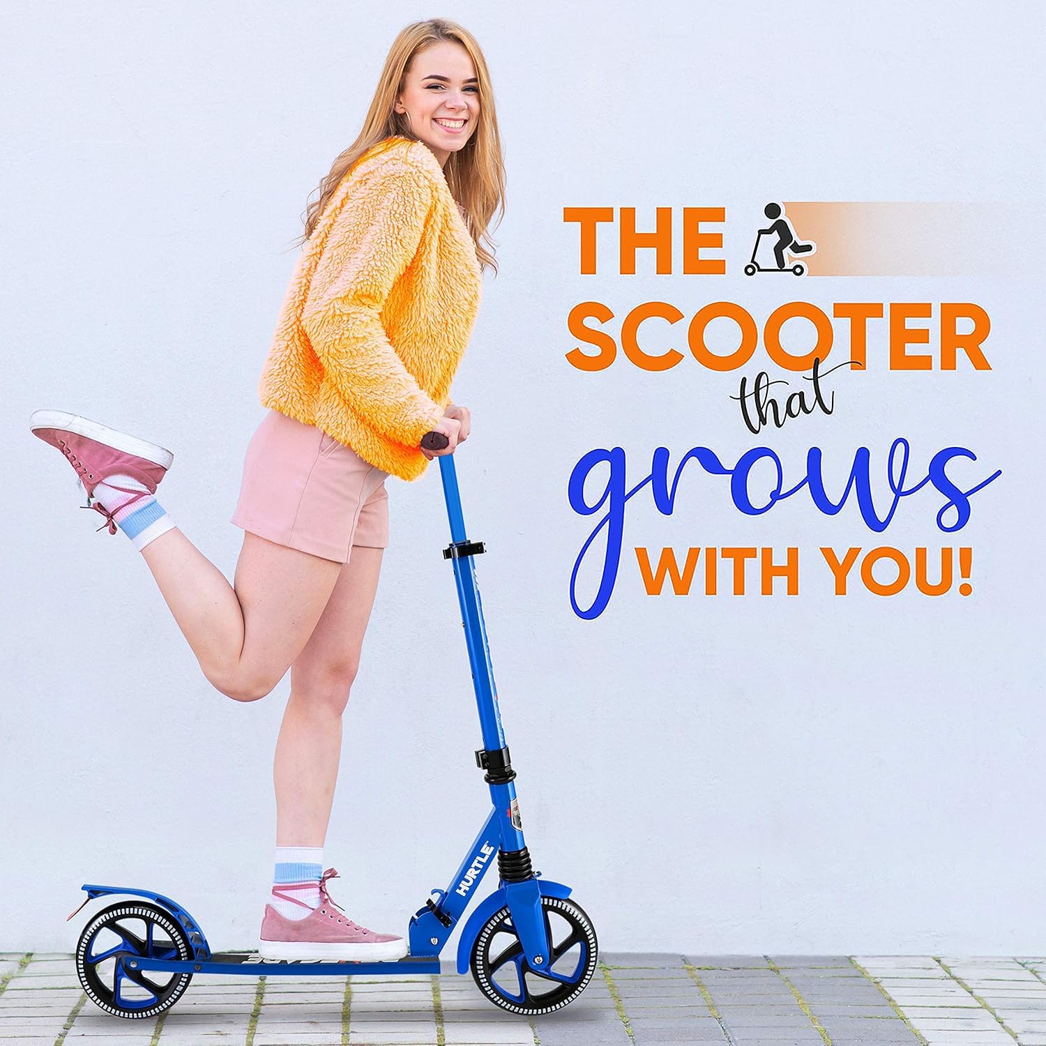 Hurtle Renegade Kick Scooter for Kids, Teenagers & Adults - 2-Wheel Folding Scooter with Adjustable T-Bar Handlebar - Alloy Anti-Slip Deck