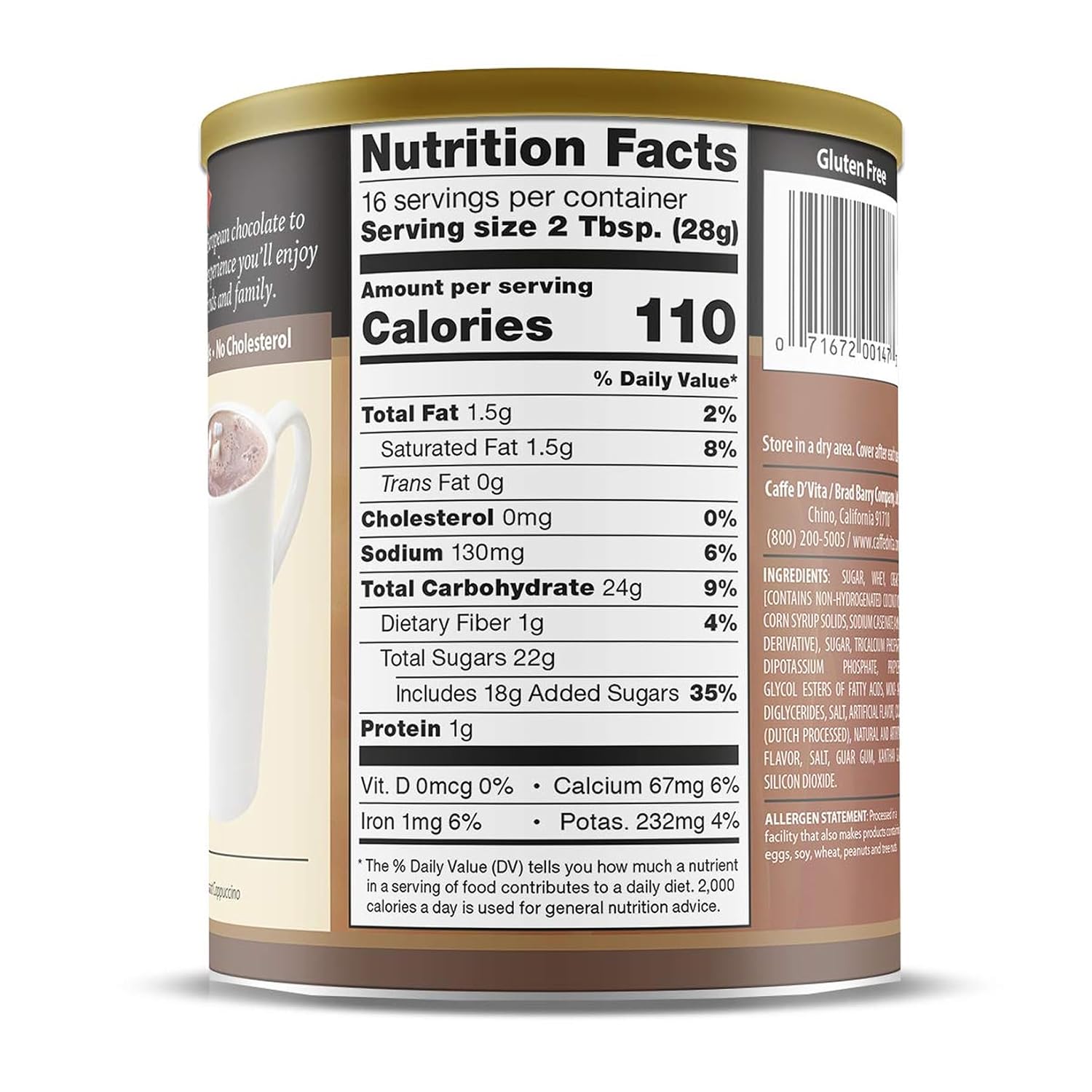 Caffe D'Vita Sugar Free Hot Cocoa Mix, Gluten Free - 10 Oz Can | Hot Chocolate Mix, Low Fat, No Cholesterol, No Hydrogenated Oils or Trans Fat, Kosher, Cocoa Bulk