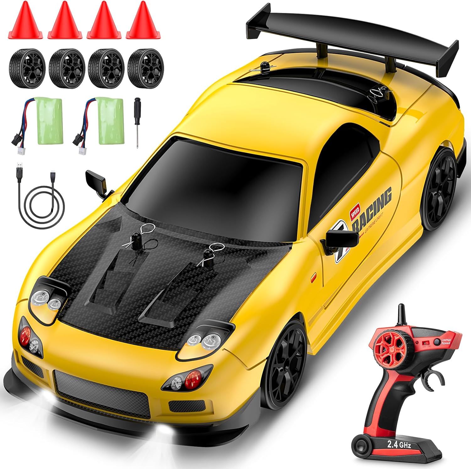 RC Drift Car, 1:14 4WD Drift Remote Control Car 2.4GHz 28km/h Drift RC Car, LED Lights,Racing and Drift Tires RTR for Teens, Kids, Boys