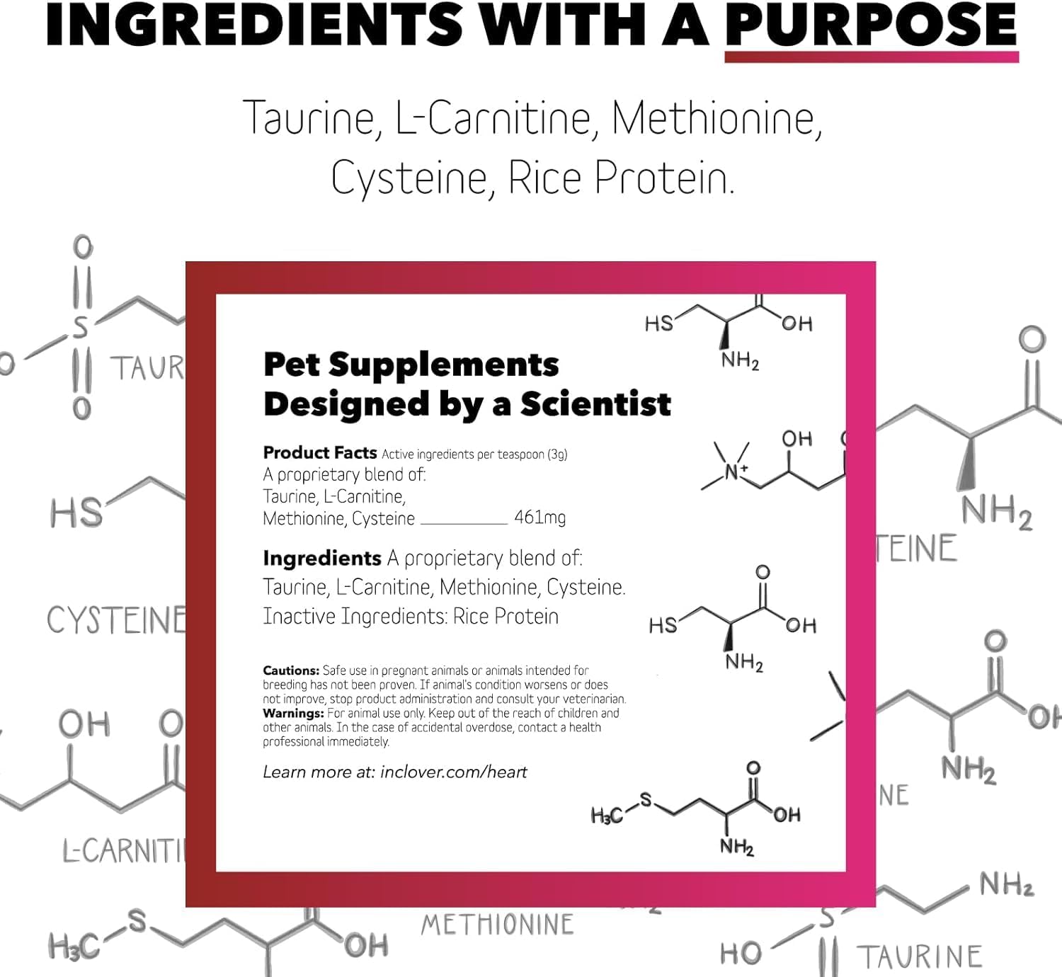 InClover Heart+ Taurine Powder for Dogs & Cats, Heart Health Supplement | Supports cardiac, brain, immune function, weight management, w/ L-Carnitine