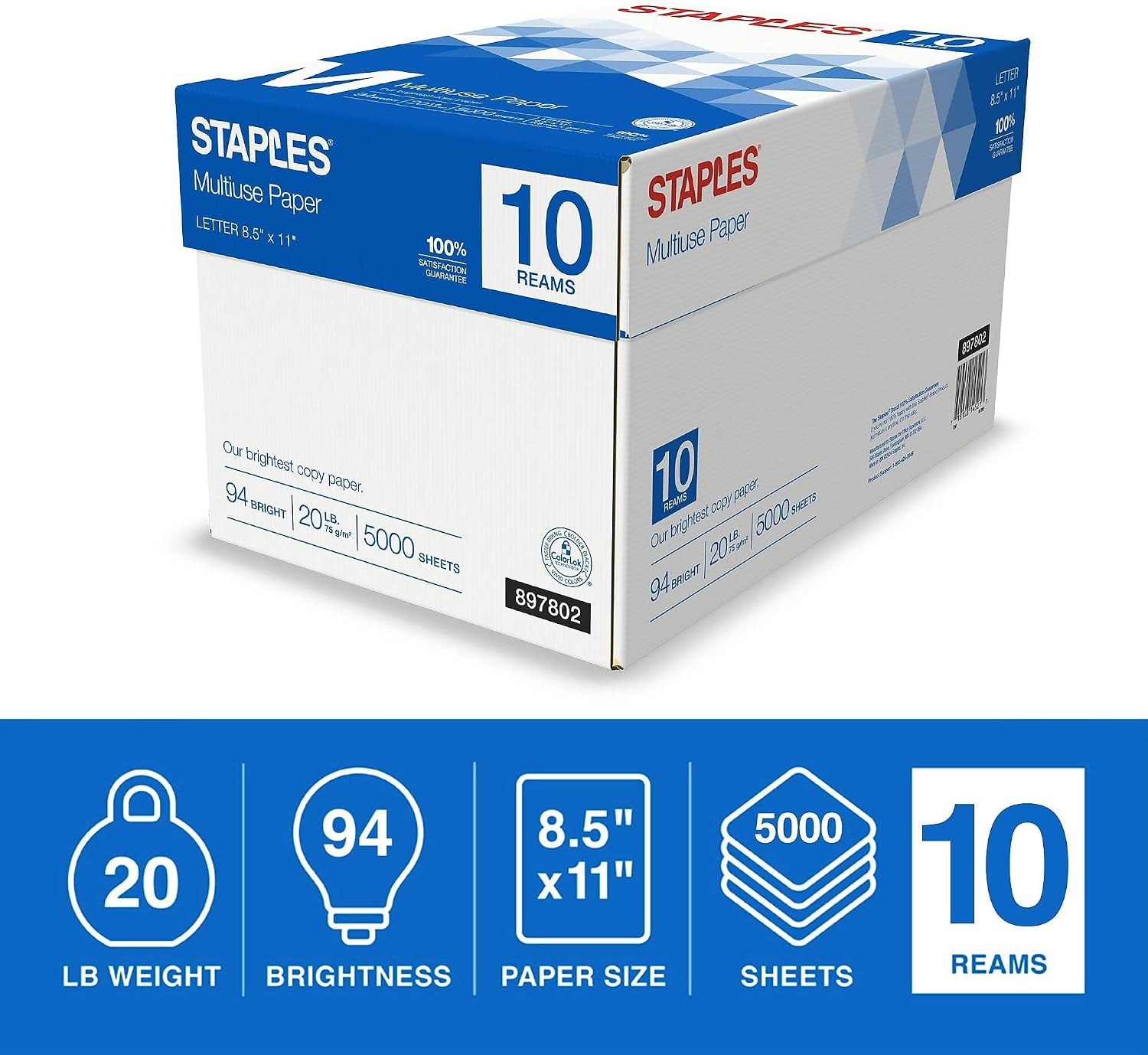 Staples Multipurpose Copy Paper, 8.5x11, 20lb, 94 Bright, 10 Reams/Carton | 5,000 white sheets total. Smooth finish reduces jams in copiers, laser & inkjet printers.