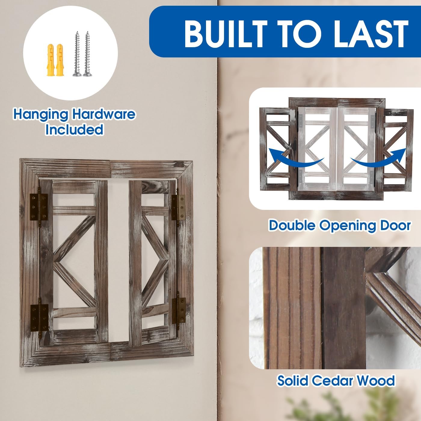 J JACKCUBE DEISGN Rustic Wood Window Frame with Opening-doors, Wall Art Decor Hanging Window Panes, Farmhouse Wall Décor for Living Room, Bathroom