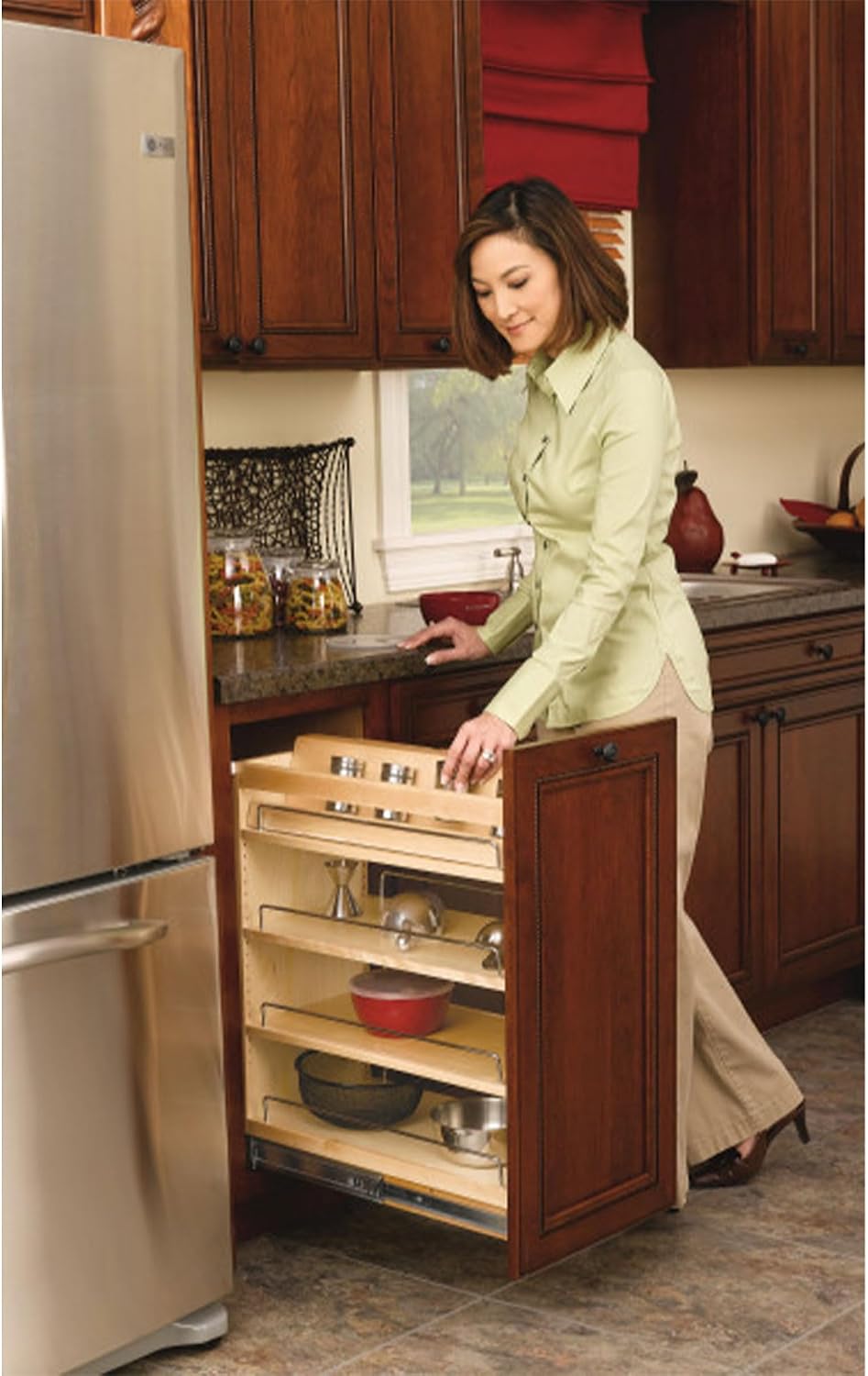 Rev-A-Shelf Pullout Kitchen Cabinet Organizer, Min Cabinet Opening 8.5" W | 8" W Slide Out Pantry Spice or Utensil Storage Rack with Adjustable Shelves for Base Cabinet Organization, 448-BC-8C