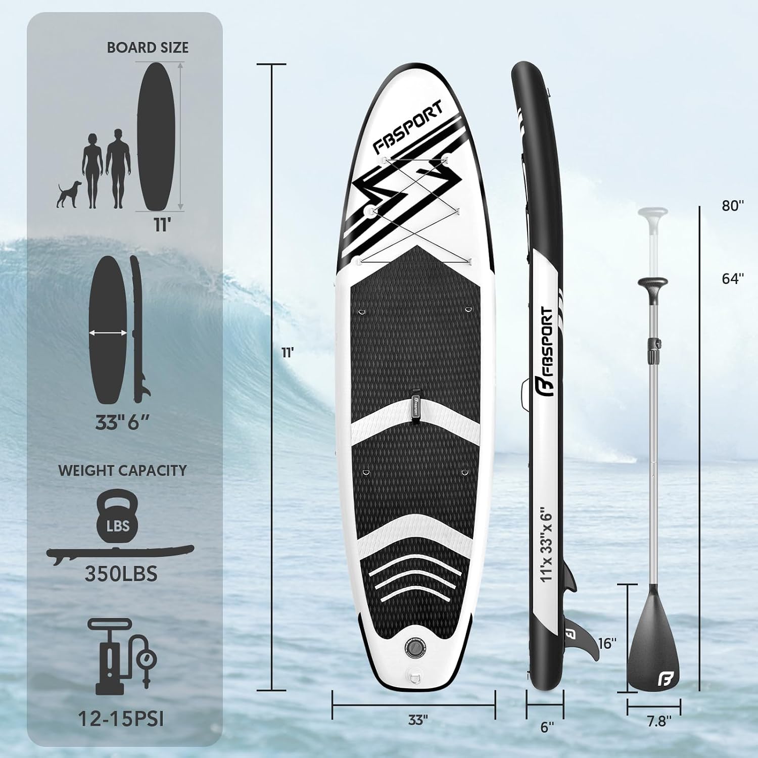 FBSPORT 11' Premium Stand Up Paddle Board, Yoga Board with SUP Accessories & Carry Bag | Wide Stance, Surf Control, Non-Slip Deck, Leash