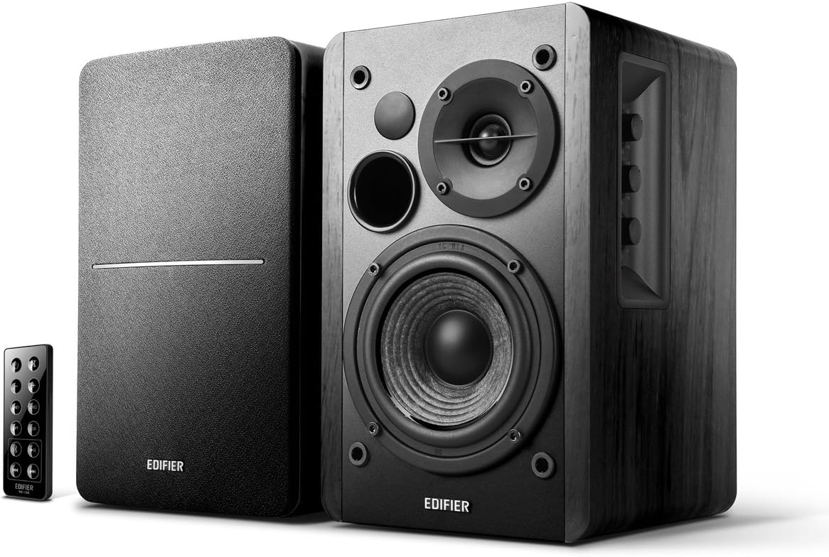 Edifier R1280DB Powered Bluetooth Bookshelf Speakers - Optical Input - Wireless Studio Monitors - 4 Inch Near Field Speaker - 42W RMS - Wood Grain (Black)