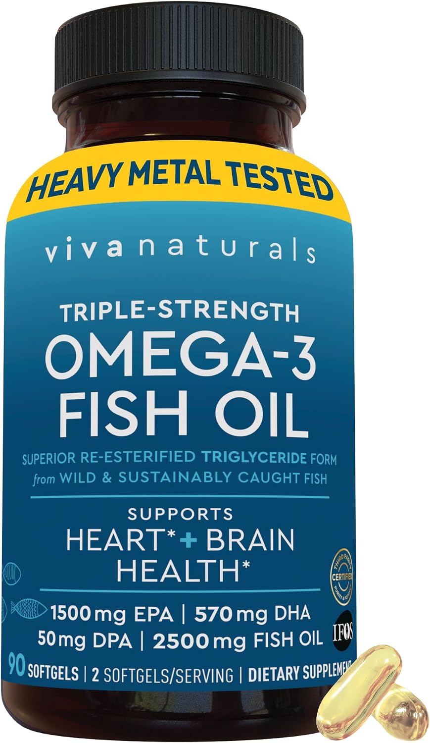Viva Naturals Triple Strength Omega 3 Fish Oil Pills – 2500 mg High-Potency Formula with 2250 mg Omega 3 Fatty Acids (Including EPA, DHA, DPA) in rTG Form for Absorption – IFOS Certified, 90 Softgels
