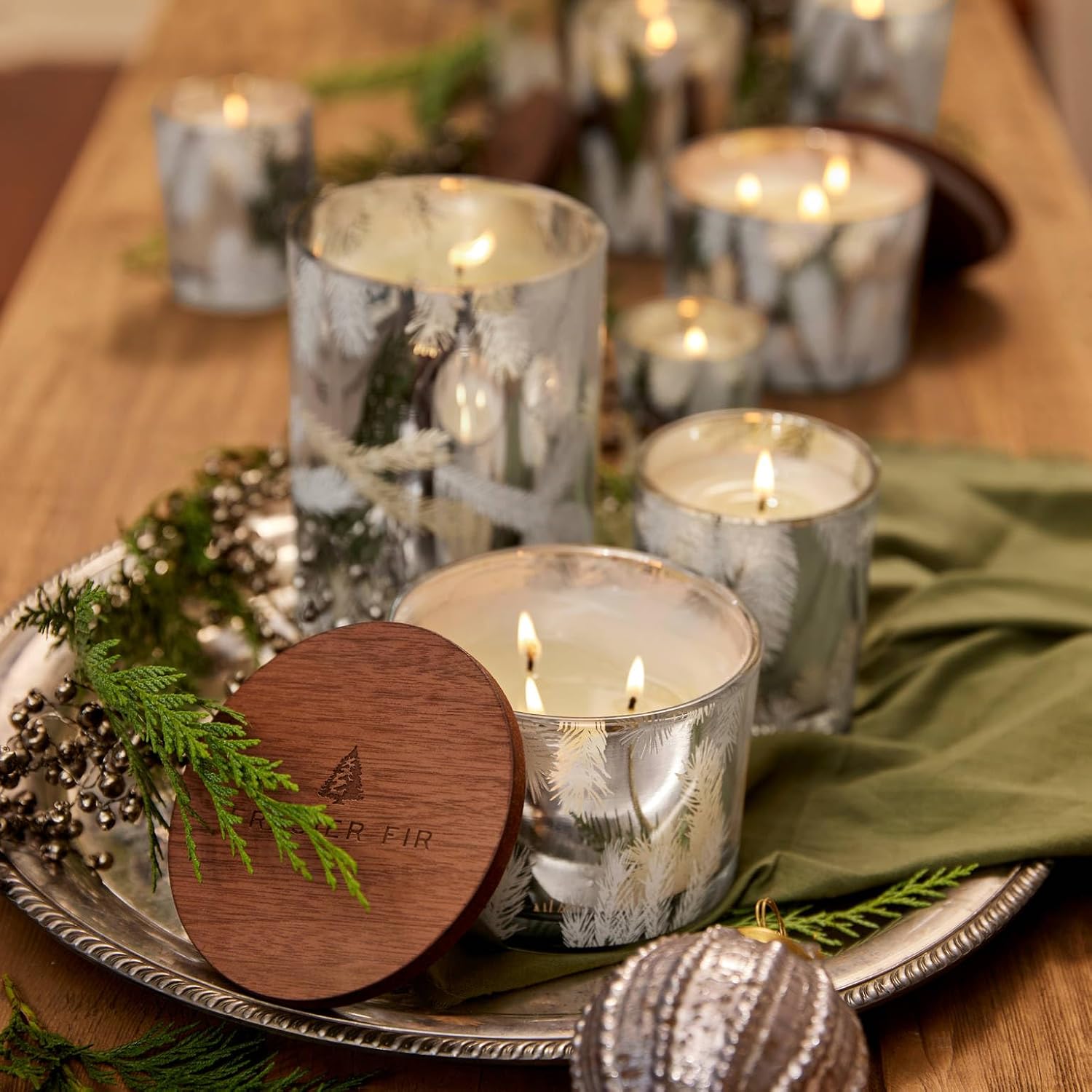 Thymes Frasier Fir Candles - Statement Collection - Silver with Pine Needle Design - Scented Candles for Home Decor - Notes of Siberian Fir Needles, Cedarwood & Sandalwood - Large 4 Wick (40 oz)