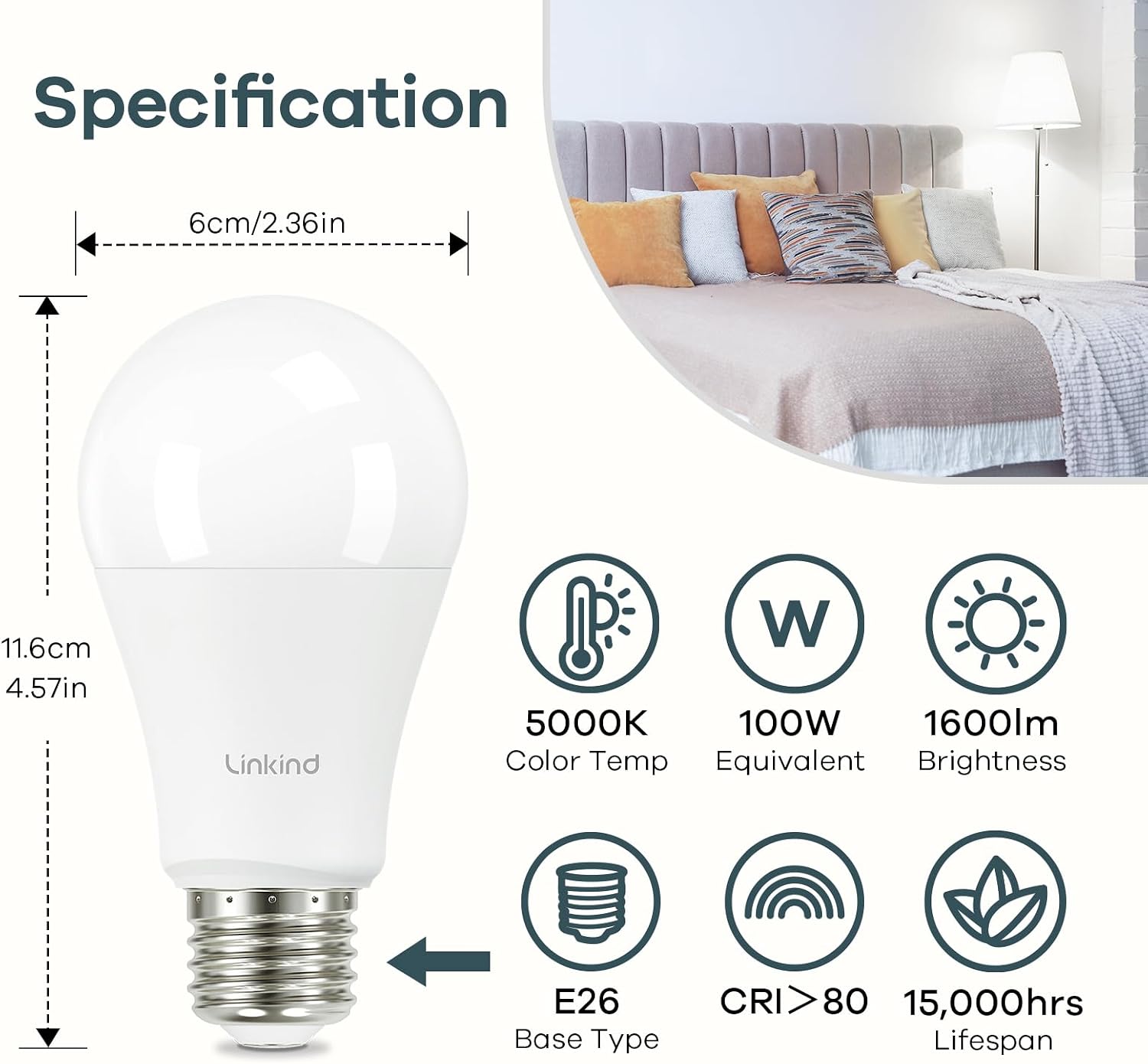 Linkind A19 LED Light Bulbs, 100 Watt Equivalent, 2700K Soft White 6 Packs