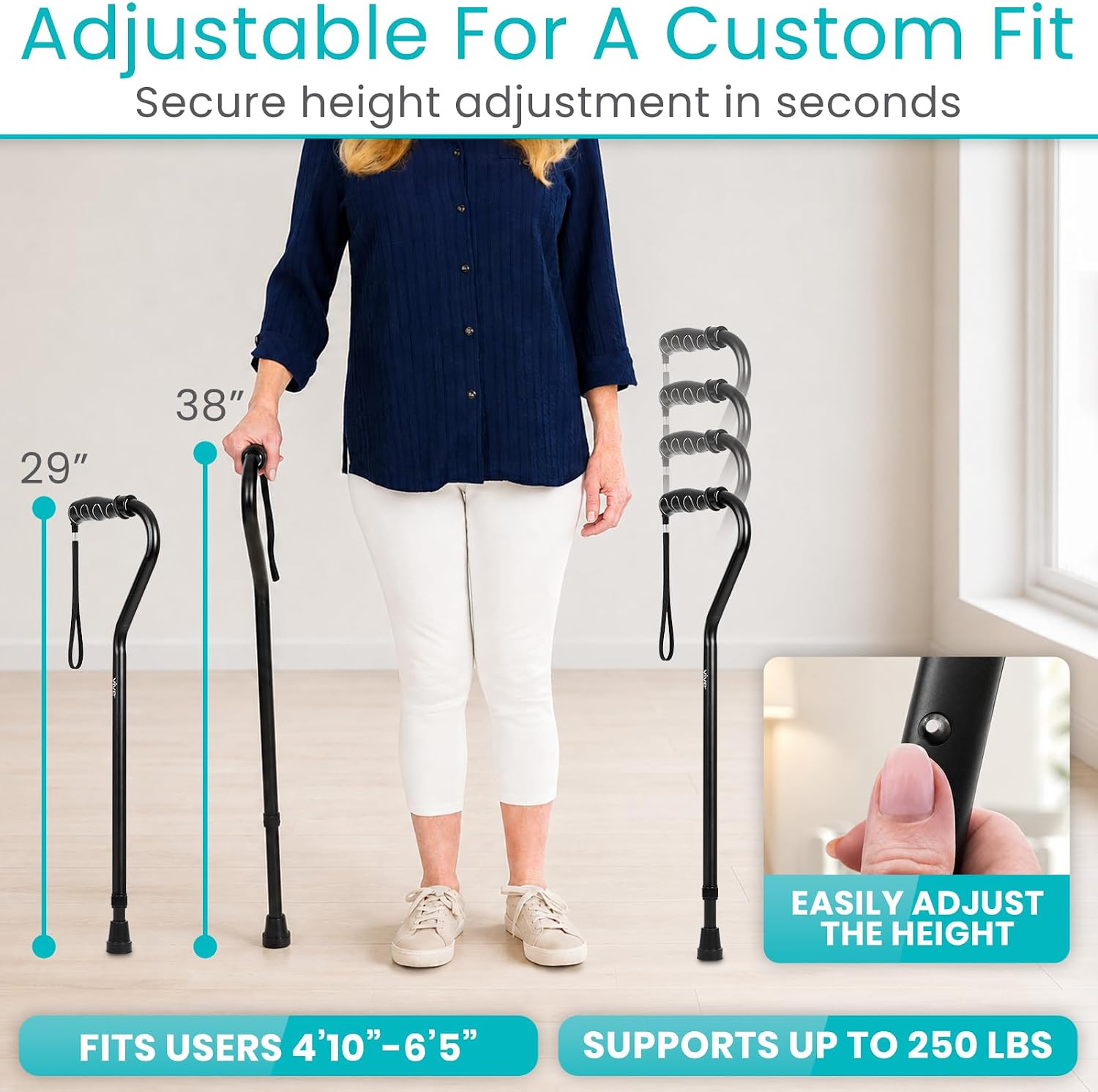 Vive Walking Cane for Women, Men, Elderly - Patented Offset Grip - Lightweight Adjustable Walking Aid with a Non-Slip Tip - Sturdy Balancing Mobility Aid for Seniors