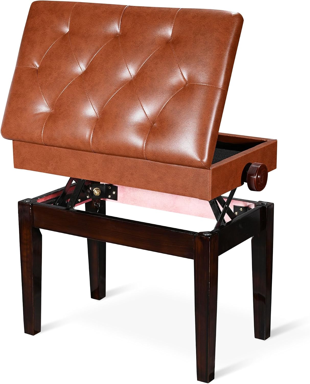 AW Adjustable Piano Bench with Storage Brown Wooden Keyboard Stool Seat | Leather Cushion Paino Chair for Piano Shop Music School Studio Capacity 400lbs
