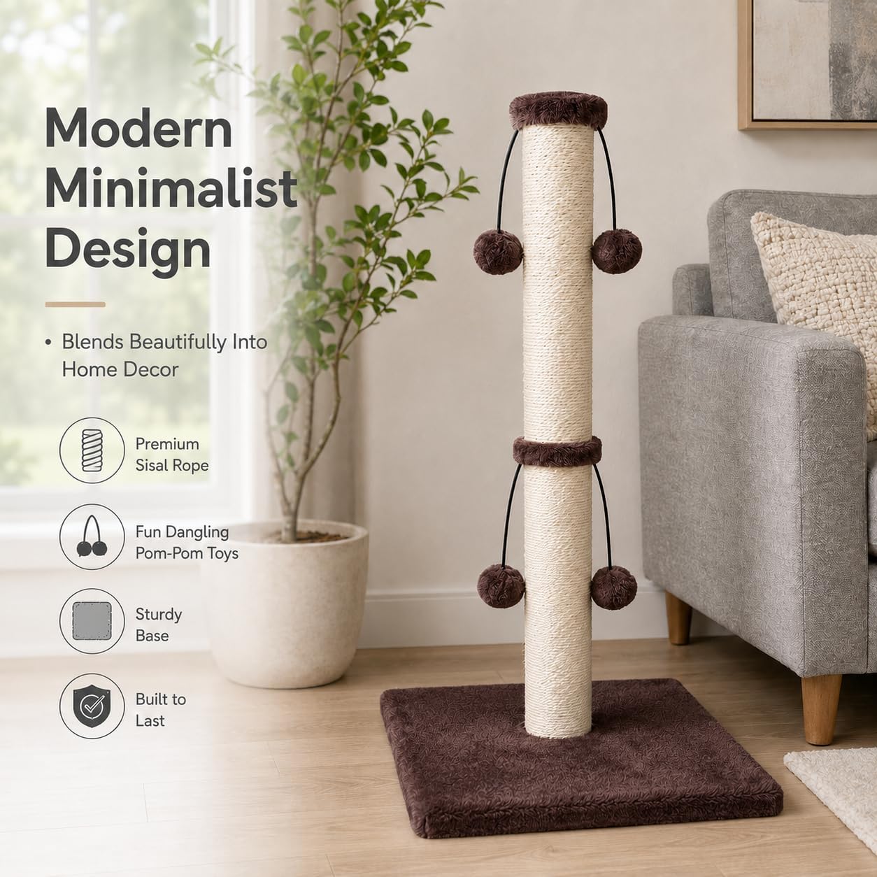 Dimaka 29'' Cat Scratching Post, Natural Sisal Rope Scratcher Post, Kitten Claw Scratch with 4 DanglingToy Balls for Large Cats (Grey)
