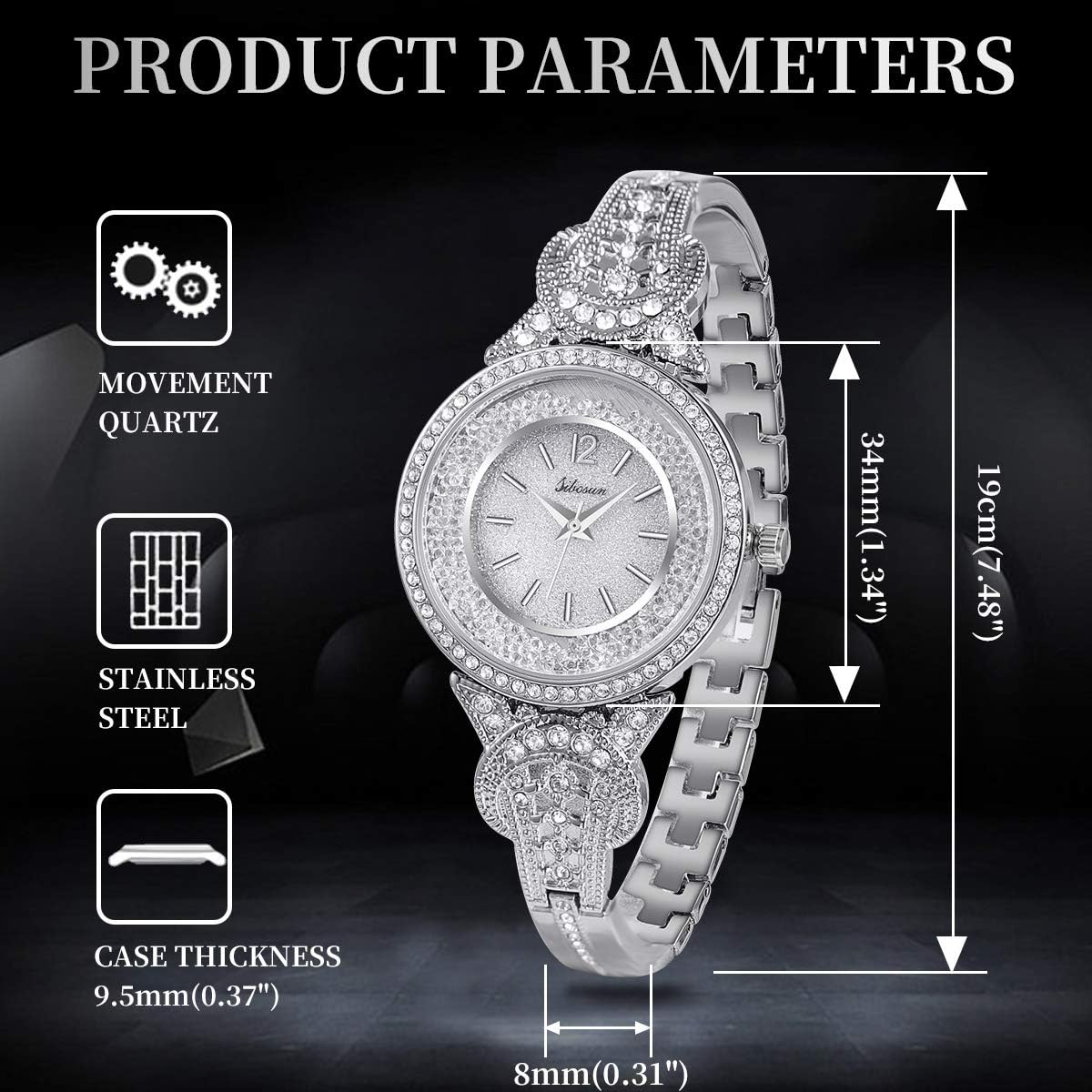 SIBOSUN Lady Women Wrist Watch Quartz Gold Stainless Steel Crystal Dress Fashion Bracelet