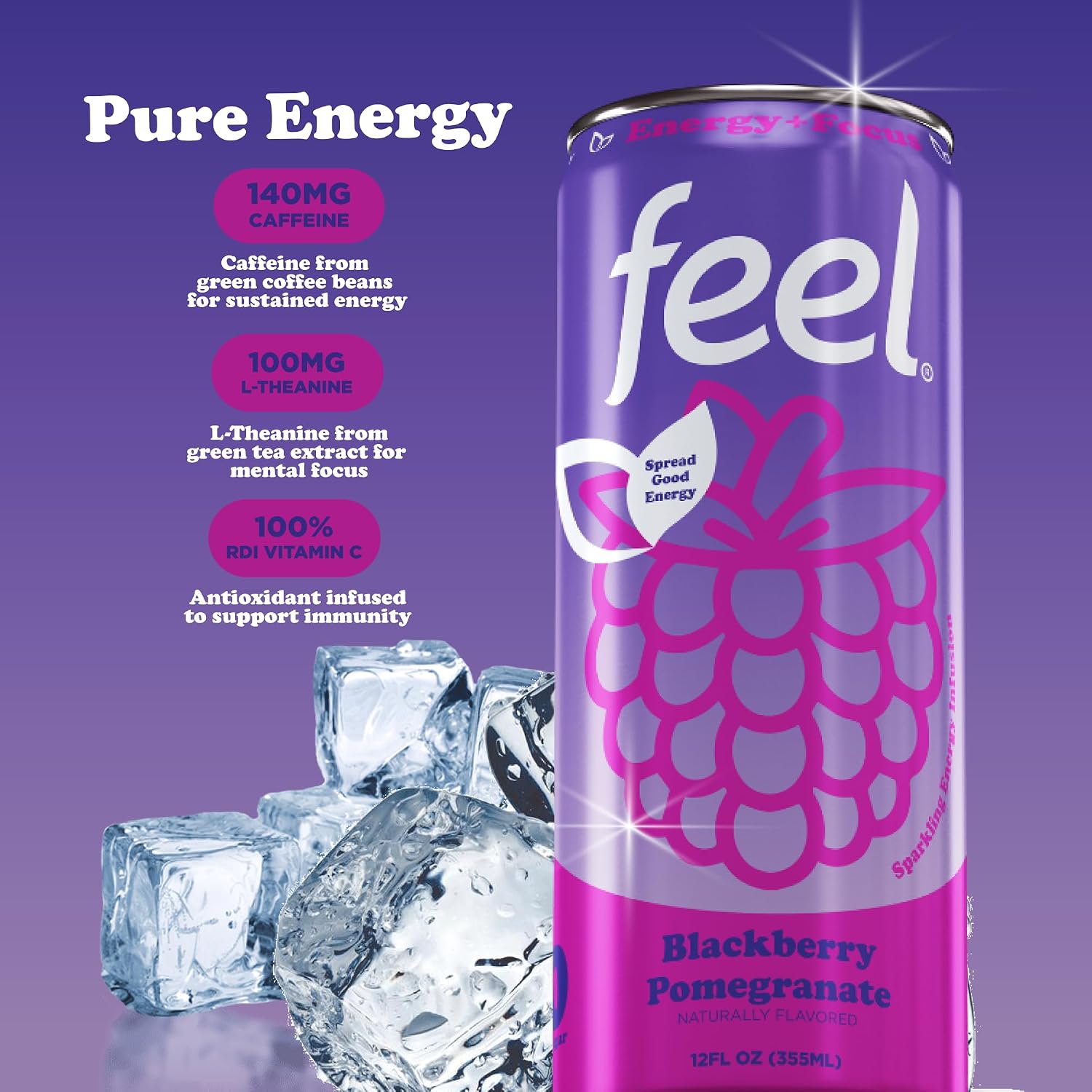 FEEL Variety Pack – Zero Sugar Sparkling Energy Drink – 3 Flavor Assortment, 140mg Plant-Based Caffeine from Green Coffee Beans + L-Theanine – Vitamin C, Vegan, Non-GMO – 12 Pack (12 Fl Oz Cans)