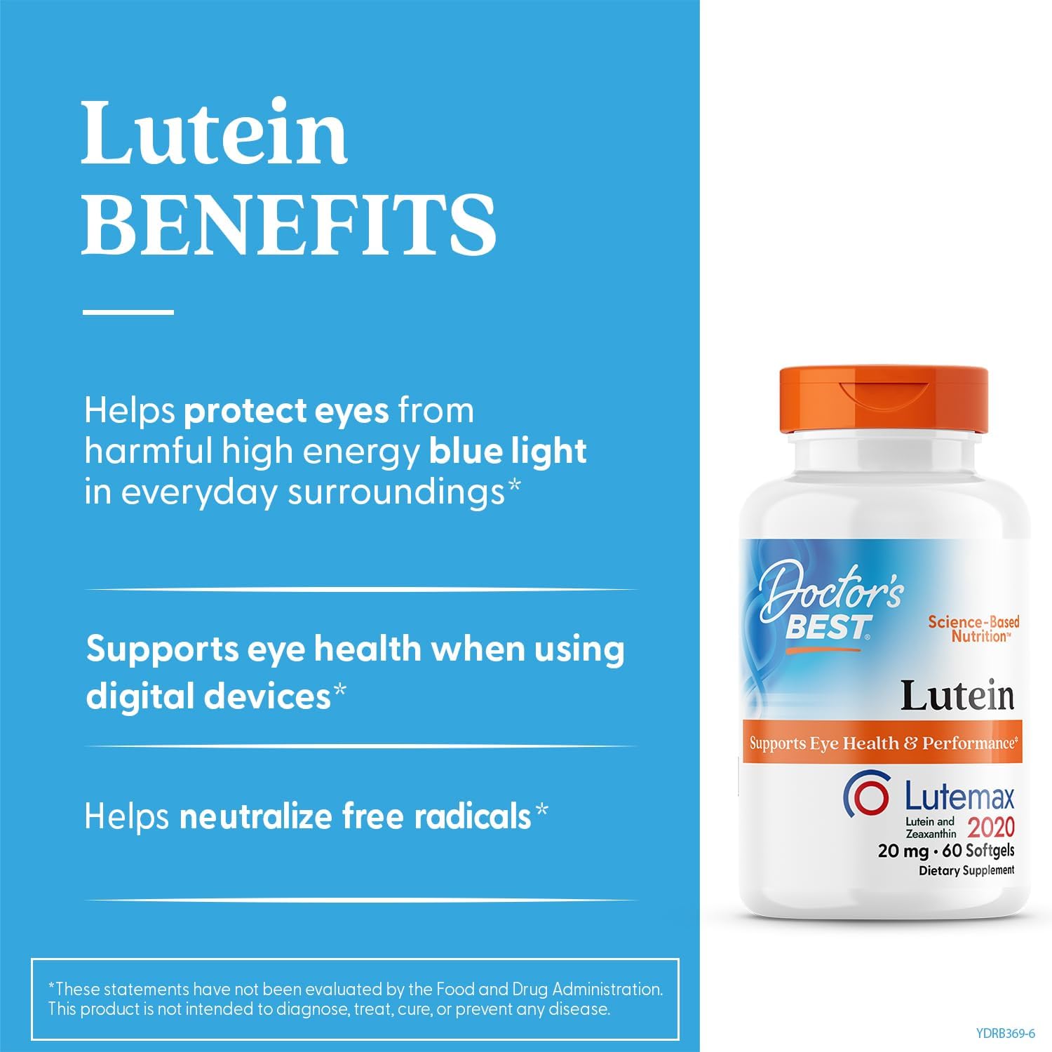 Doctor's Best Lutein Supplement 20mg with Zeaxanthin - Lutein for Eyes, Eye Health Vitamins for Men & Women, Vision and Macular Health Support, Lutemax 2020 Marigold Flower Extract - 180 Softgels