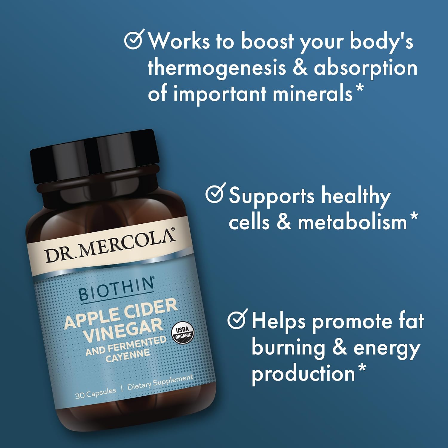 Dr. Mercola Biothin Organic Apple Cider Vinegar & Fermented Cayenne - Metabolic Support - Thermogenic Benefits - Vegan - Non-GMO - 30 Capsules