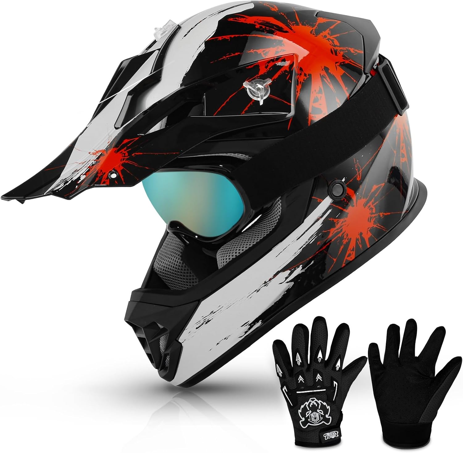 TCMT Youth Dirt Bike Helmet DOT Certified - Kids Full Face Motocross ATV Helmet with Goggles, Gloves and Helmet Bag for Off-Road, BMX, MX, Street Riding