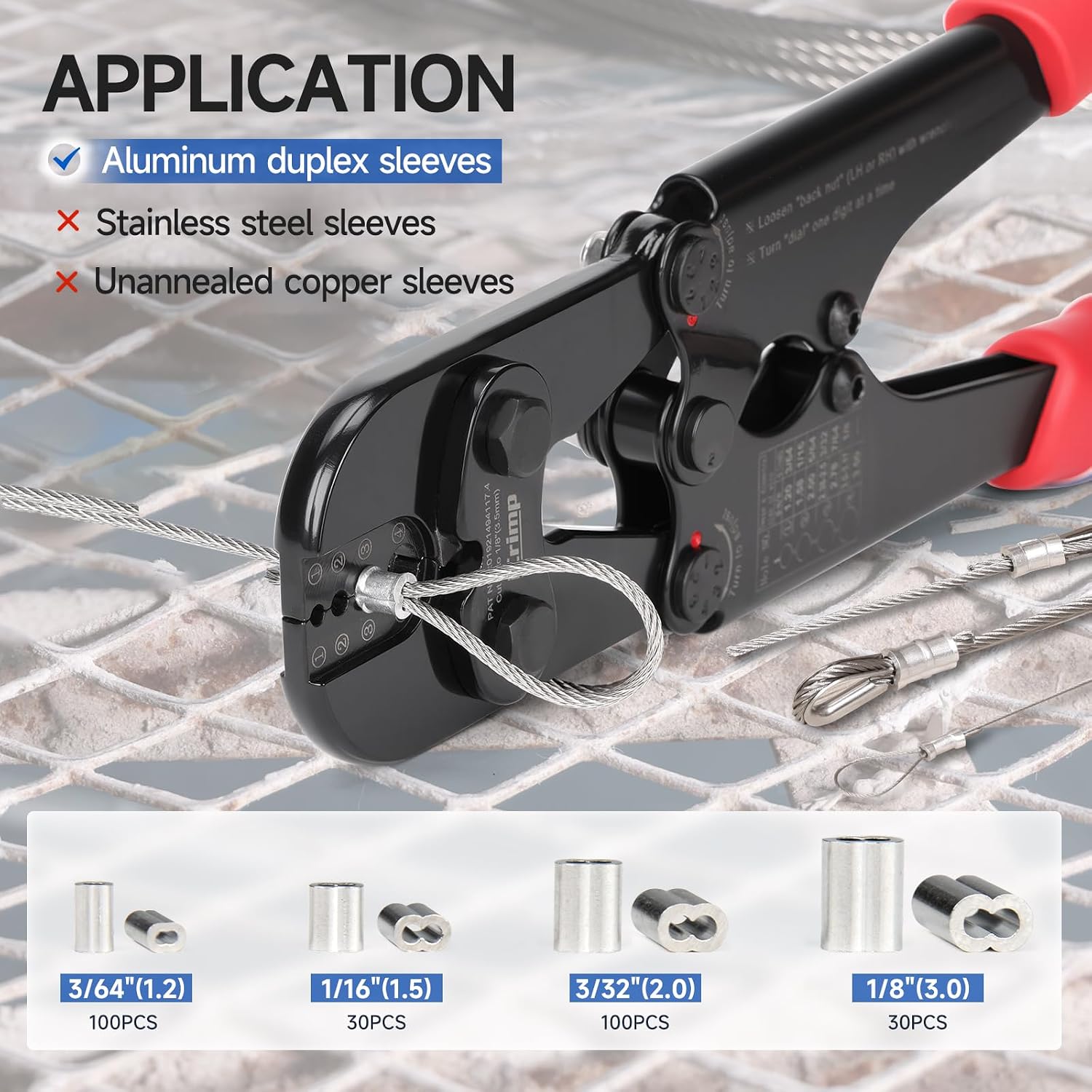 iCrimp IWS-1608M4 Wire Rope Crimper 3/64" to 1/8" 4 Dies | High carbon steel swaging tool for aluminum oval, double-barrel & annealed copper sleeves; ideal for railing, cable & fishing