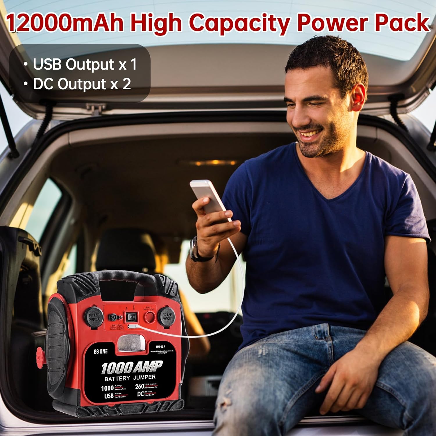 BS ONE 1000 Amp Peak Current Car Jump Stater, 12V Lead Acid Battey Jump Box with 260PSI Air Compressor