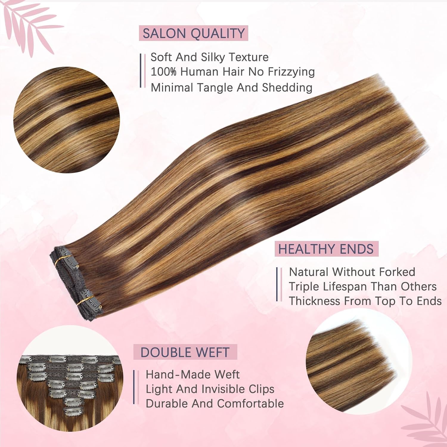 22" Clip in Human Hair Extensions Full Head 200g 10 Pieces 22 Clips Light Brown Double Weft Brazilian Real Remy Hair Extensions Thick Straight (22"