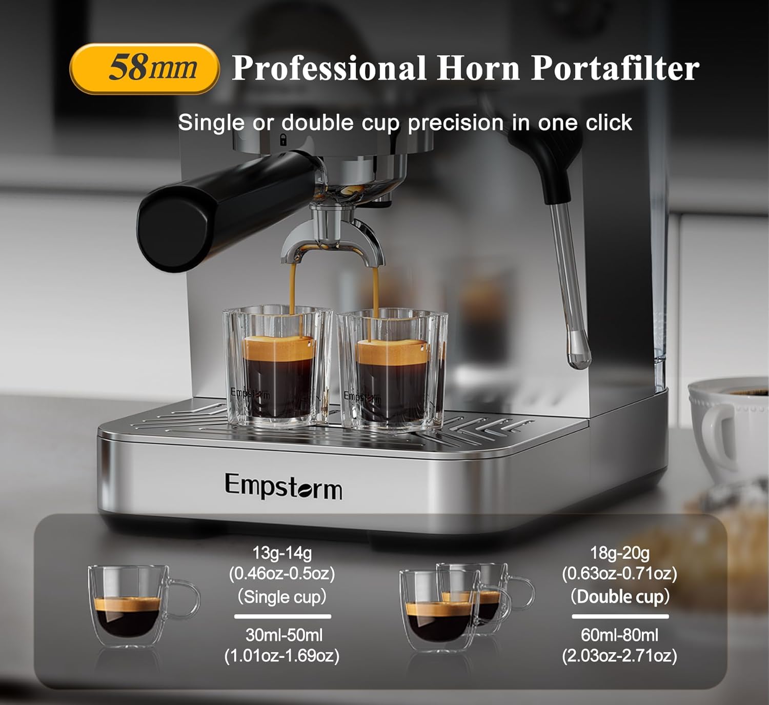 Empstorm CB2 20 Bar Espresso Machine with Milk Frother Steam 1350W Silver | LED Display Compact Espresso maker Cold Brew& Hot Coffee Maker